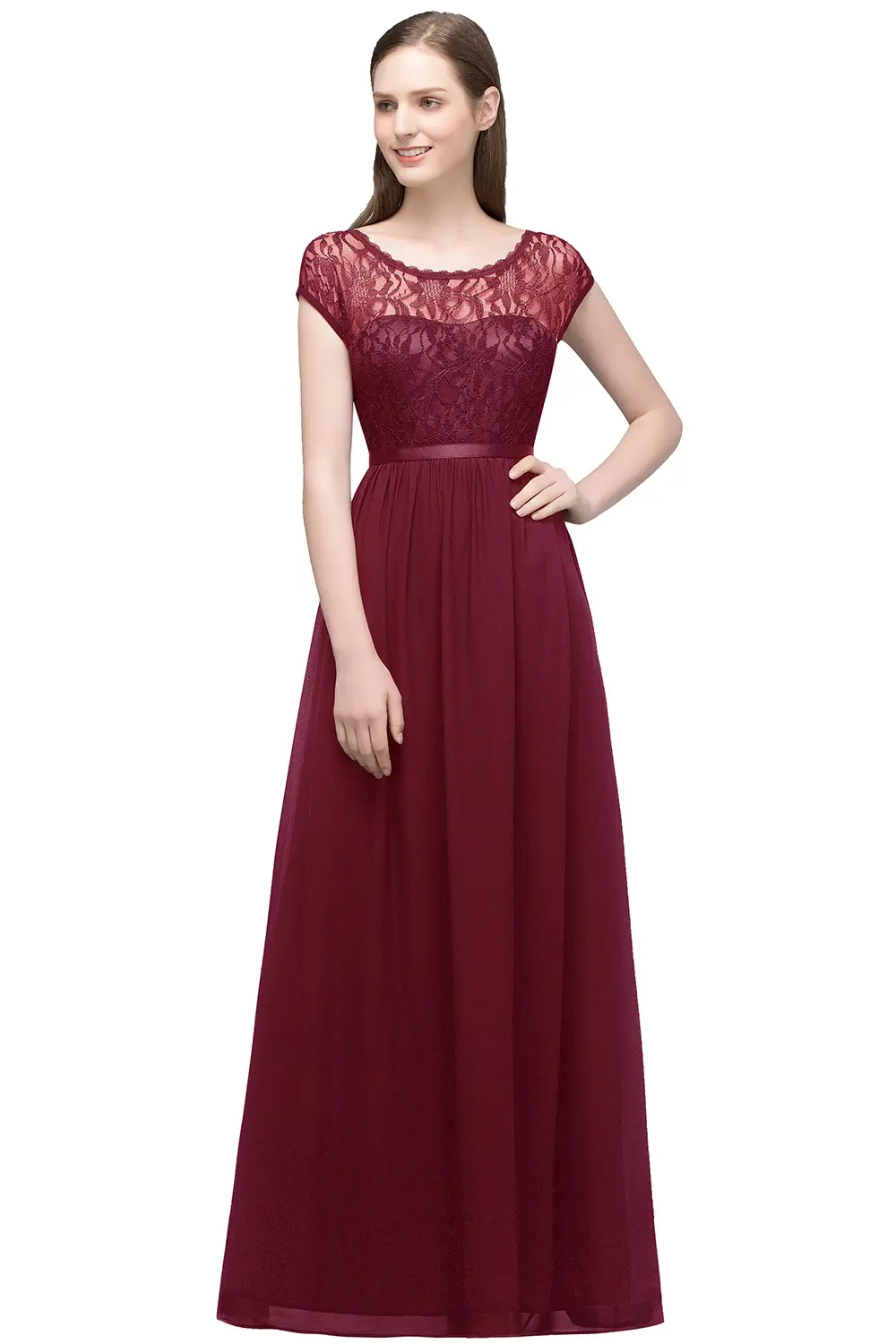 Purple Lace Chiffon Evening Dresses For Women A Line O Neck Backless Navy Blue Cap Sleeve Long Formal Wedding Party Prom Gowns