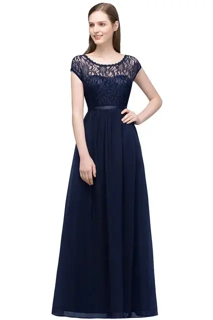 Purple Lace Chiffon Evening Dresses For Women A Line O Neck Backless Navy Blue Cap Sleeve Long Formal Wedding Party Prom Gowns