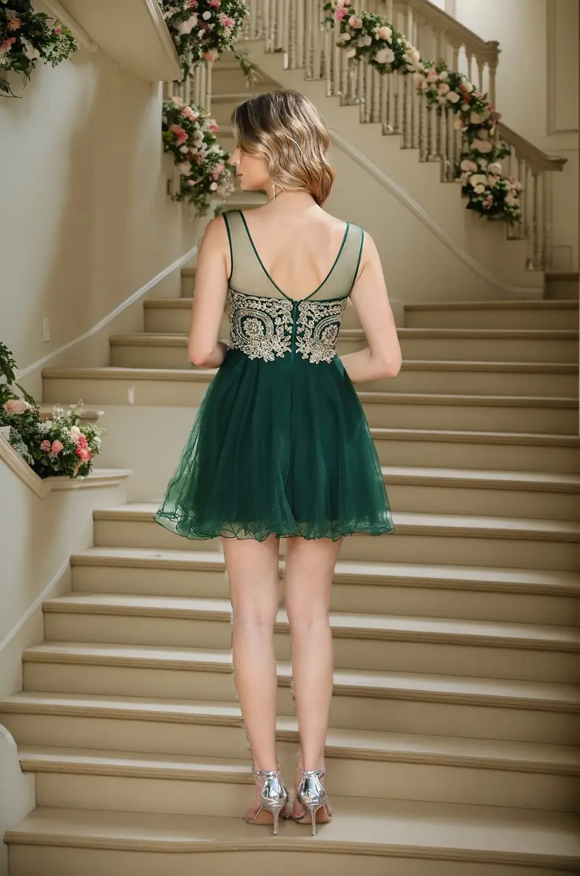 MisShow Mini Homecoming Dresses Elegant Illusion Tulle O-Neck V-Backless Short Dress A Line Appliques Formal Party Cocktail Gown