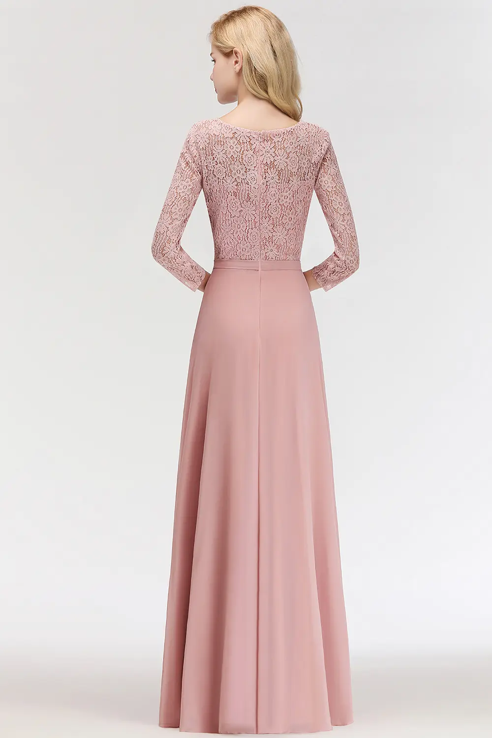 Women 3/4 Long Sleeve Evening Dresses Sexy Illusion Floral Lace O-Neck Sashes Prom Gown Chiffon A-Line Maxi Formal Party Vestido