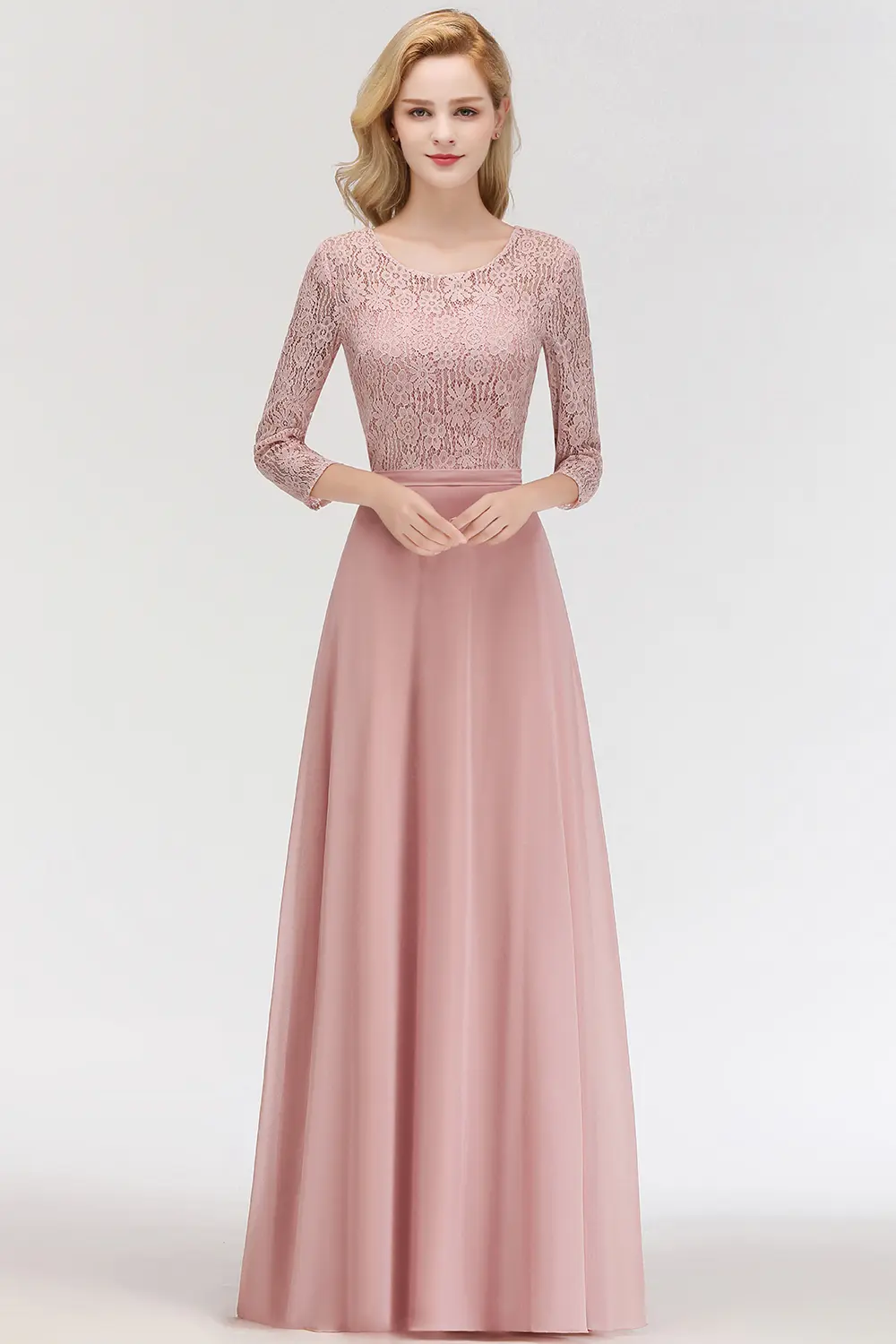 Women 3/4 Long Sleeve Evening Dresses Sexy Illusion Floral Lace O-Neck Sashes Prom Gown Chiffon A-Line Maxi Formal Party Vestido