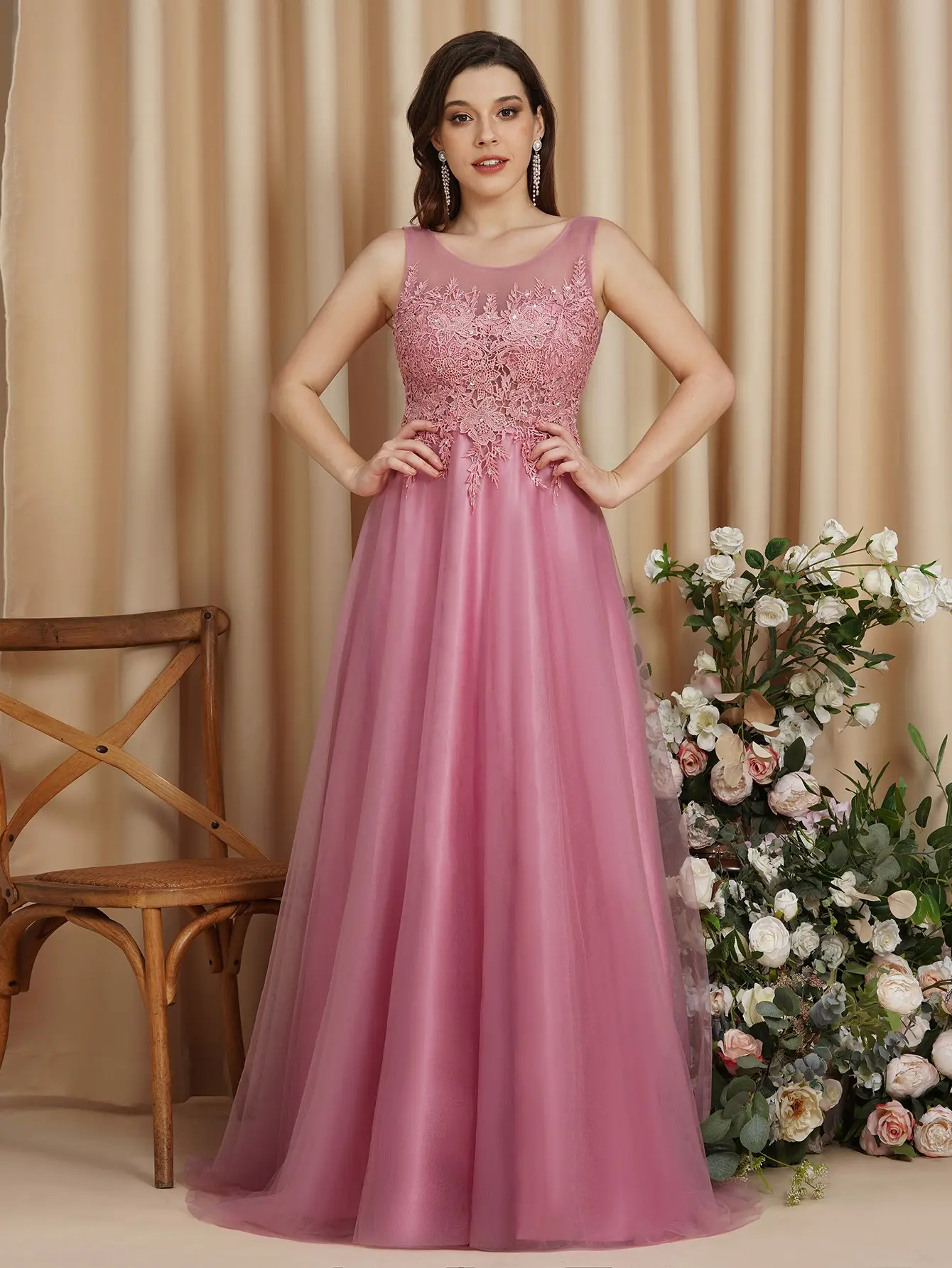 Tulle Appliques Lace Bridesmaid Dress Beaded Sequin A Line Dusty Pink Burgundy Sleeveless Wedding Formal Party Prom Gown Vestido