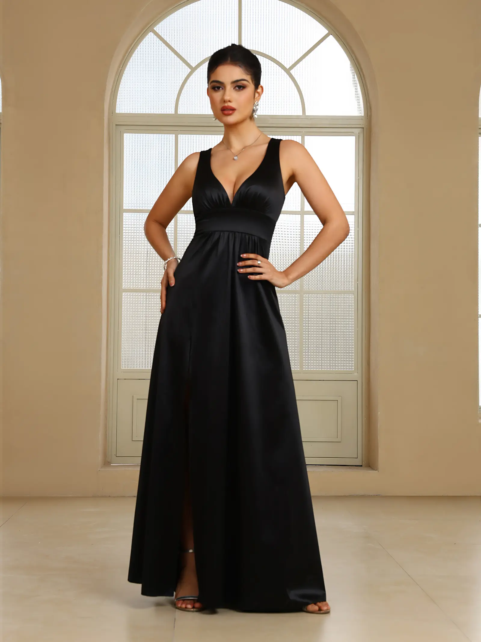 MisShow Black Evening Dresses Wide Strap Sexy V-Neck Backless Empire Prom Dress A-Line Pleated High Split Formal Party Vestidos