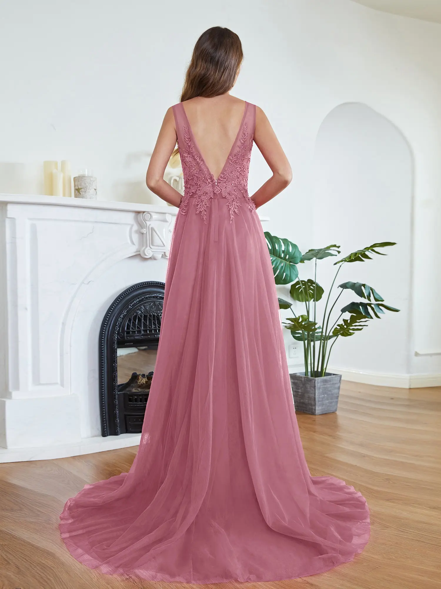 Tulle Appliques Lace Bridesmaid Dress Beaded Sequin A Line Dusty Pink Burgundy Sleeveless Wedding Formal Party Prom Gown Vestido