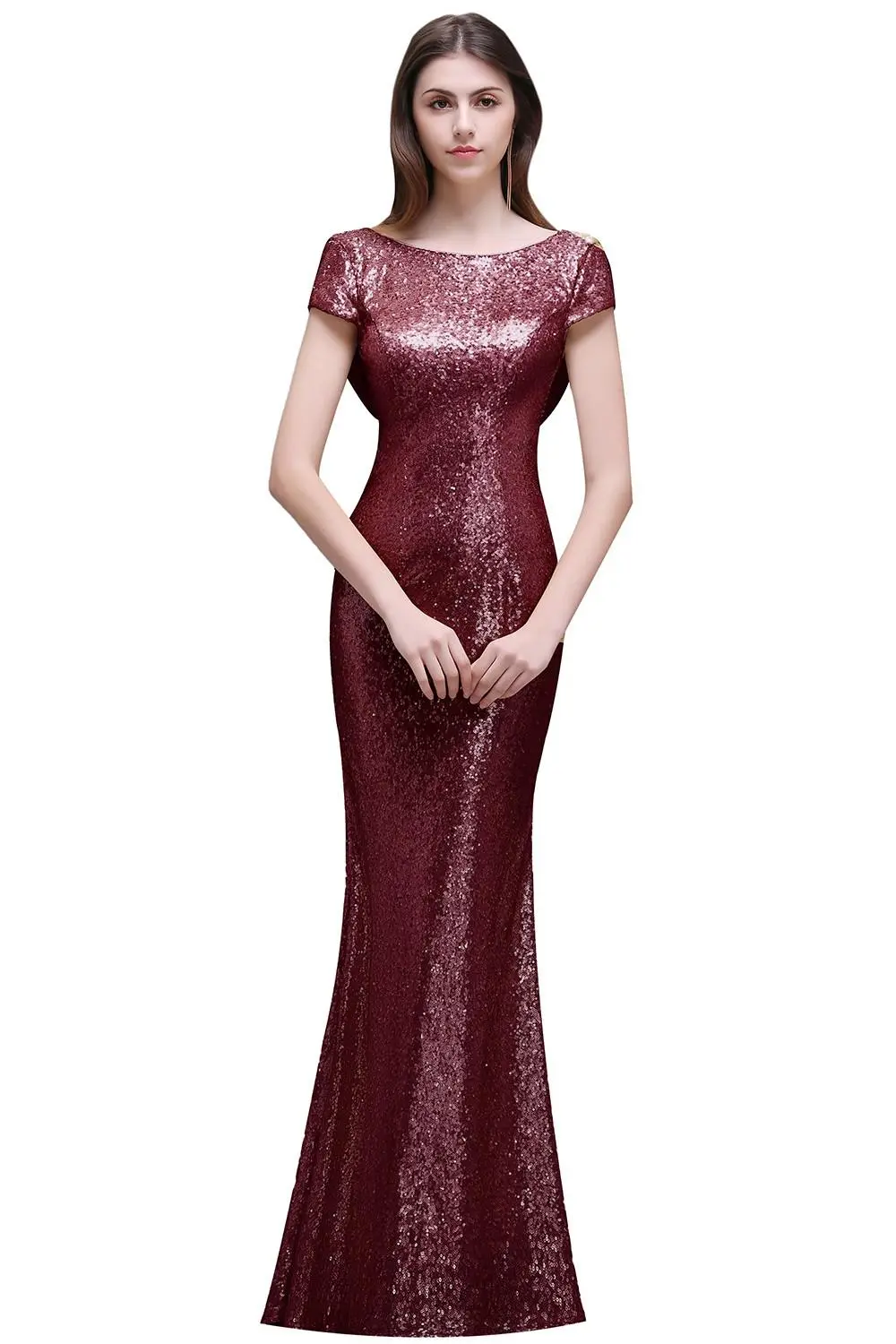 Sequined Evening Dresses Short Sleeve Champagne Gold Backless Women Burgundy Sparkly Long Mermaid Formal Party Prom Gown Wedding