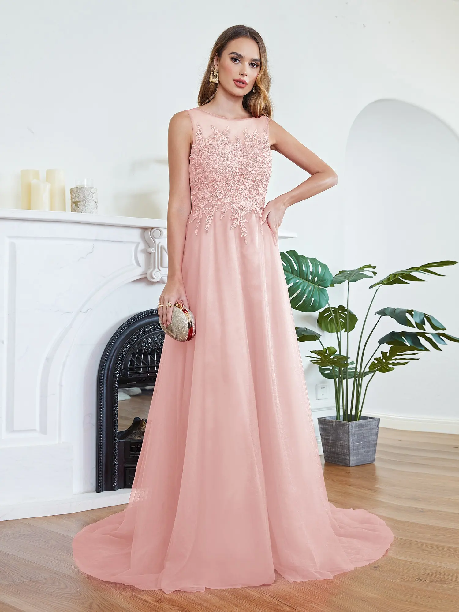 Tulle Appliques Lace Bridesmaid Dress Beaded Sequin A Line Dusty Pink Burgundy Sleeveless Wedding Formal Party Prom Gown Vestido