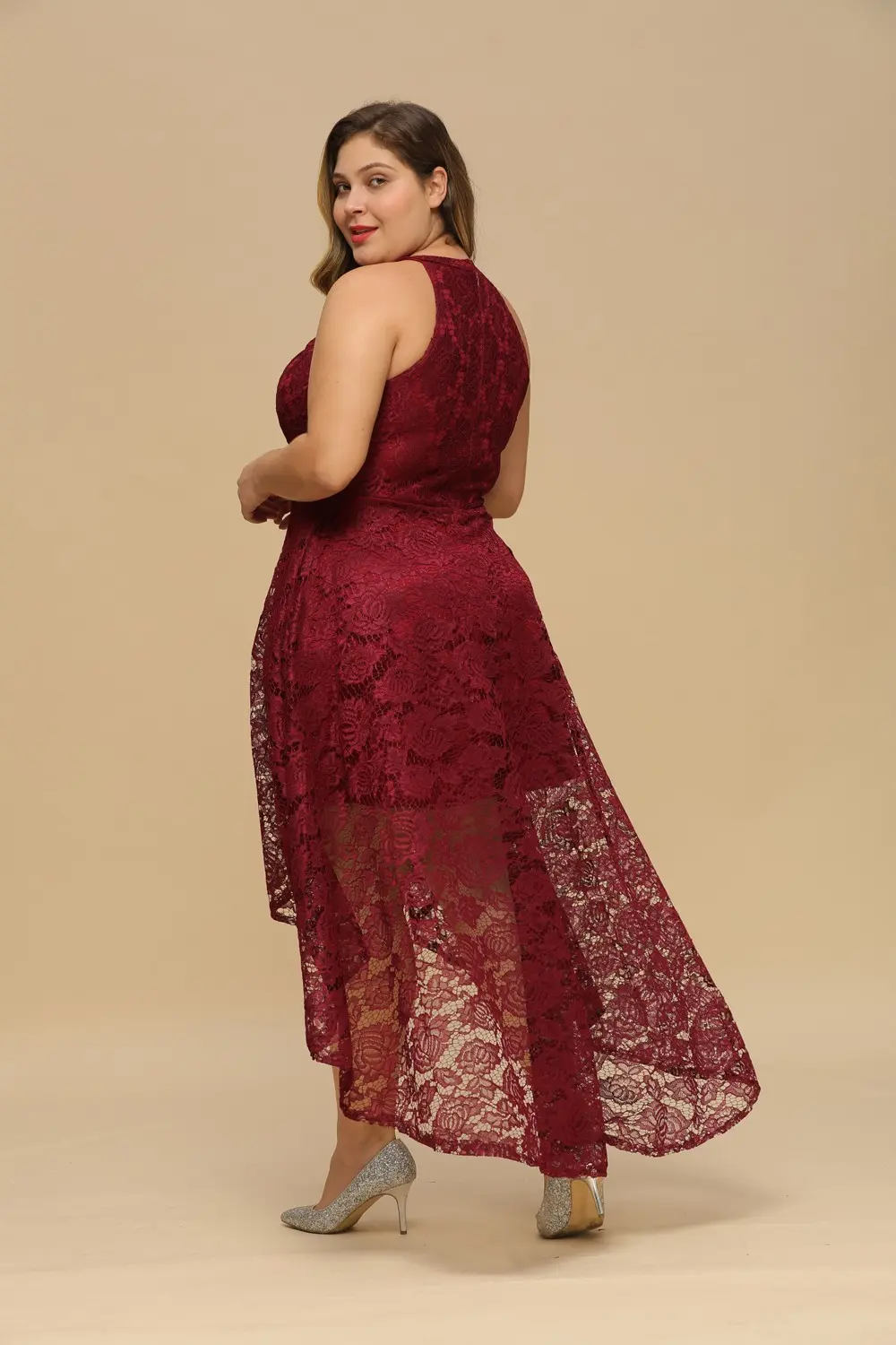 Halter Lace High Low Evening Dresses Plus Size Sexy V Neck Long Sleeveless Summer Dress Formal Party Prom Gown Vestido De Fiesta