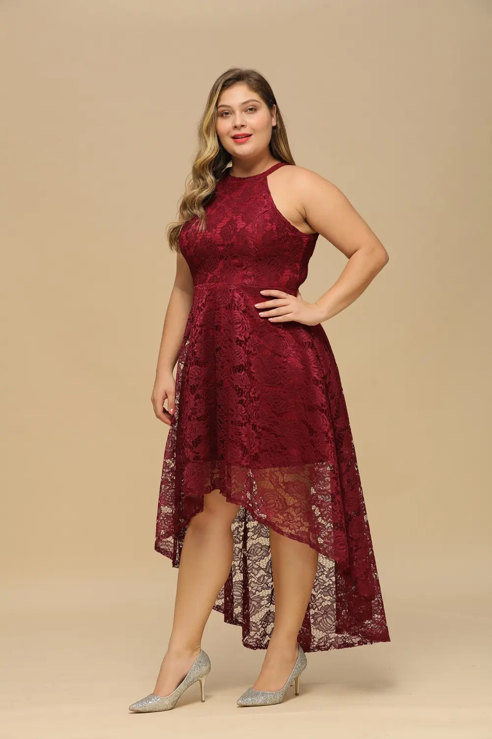 Halter Lace High Low Evening Dresses Plus Size Sexy V Neck Long Sleeveless Summer Dress Formal Party Prom Gown Vestido De Fiesta