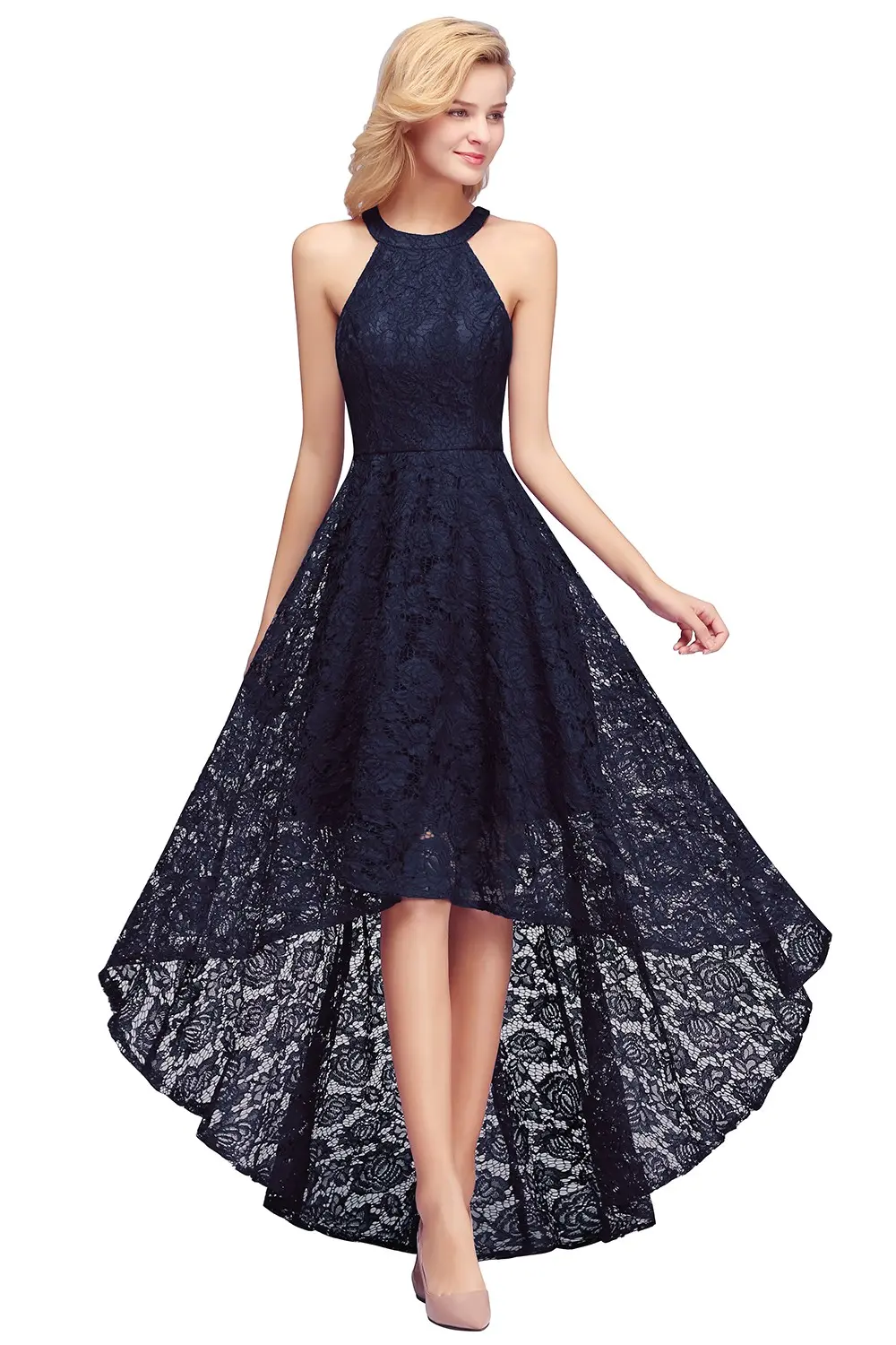 Halter Lace High Low Evening Dresses Plus Size Sexy V Neck Long Sleeveless Summer Dress Formal Party Prom Gown Vestido De Fiesta
