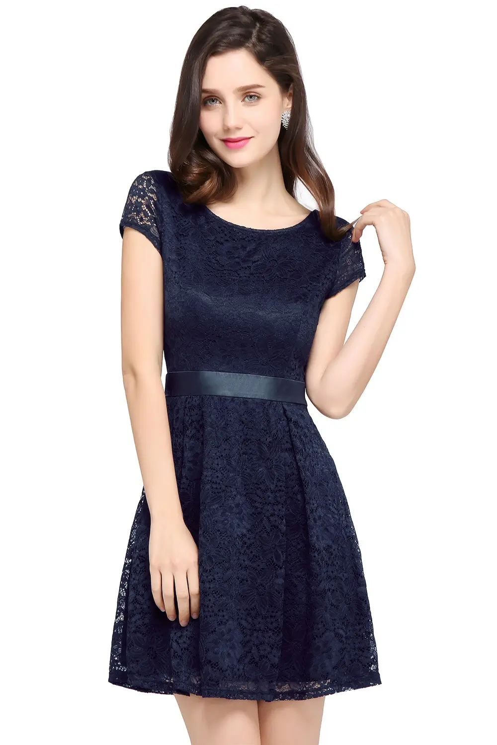 Lace Short Bridesmaid Dresses With Bow Sashes Multiple Color O Neck Summer Beach Wedding Party Prom Gown For Bride Guest Vestido