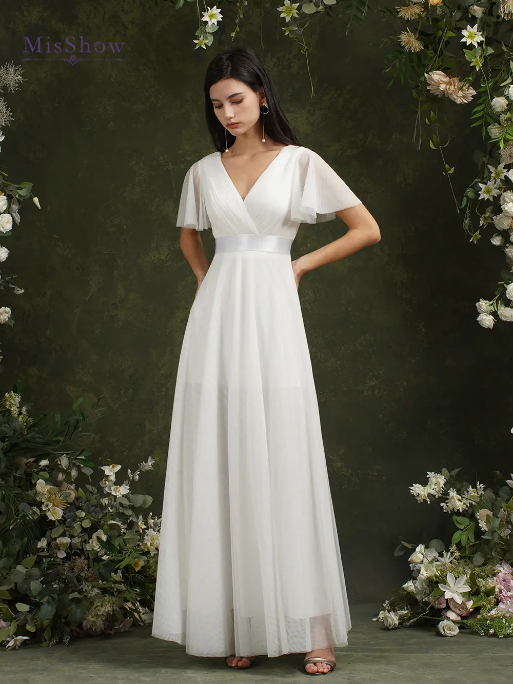 Simple Ivory Bridesmaid Dresses Women 2025 A-Line Puffer Short Sleeve V-Neck Pleat Tulle Open Back Wedding Party Gowns with Belt