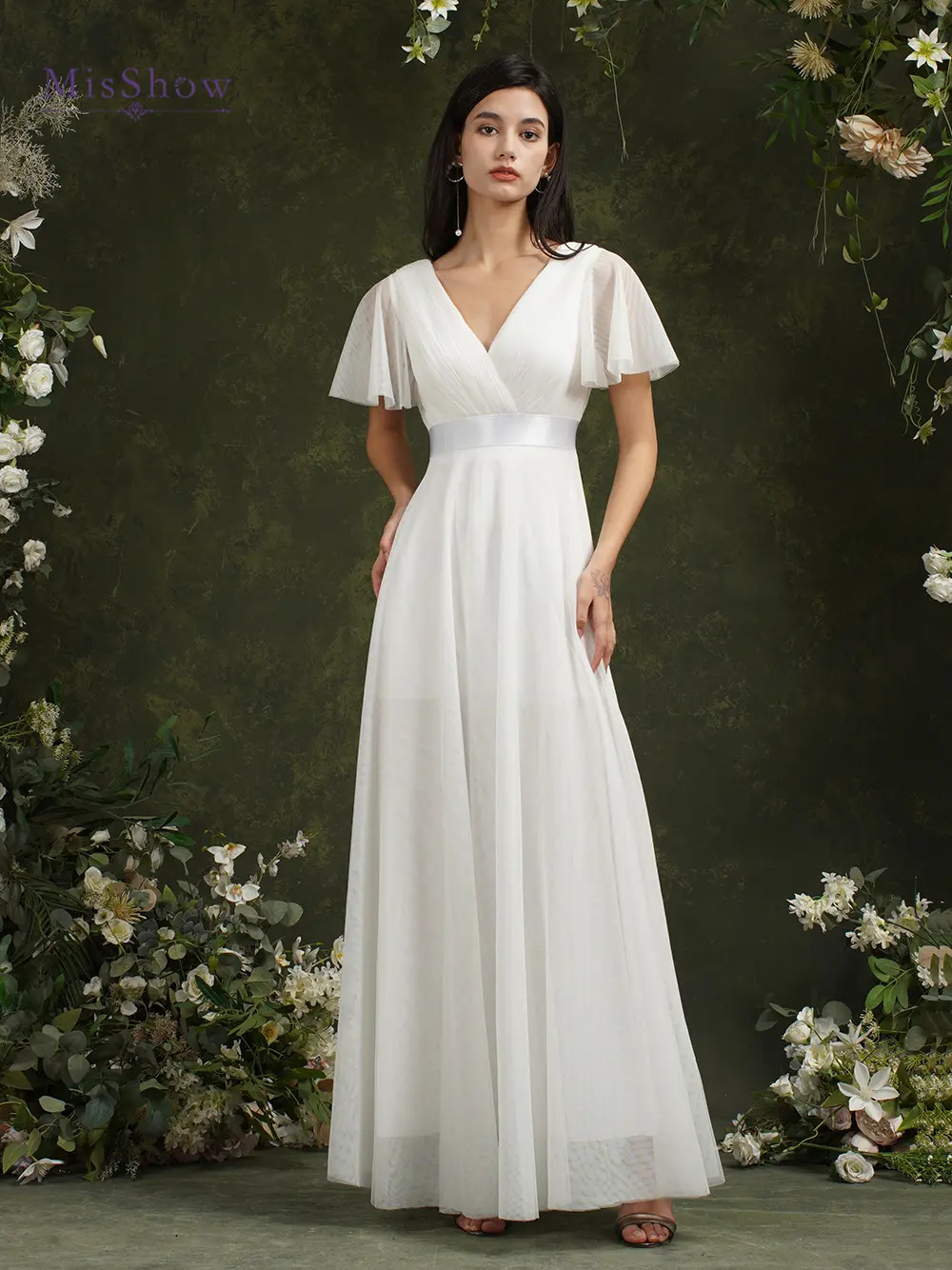 Simple Ivory Bridesmaid Dresses Women 2025 A-Line Puffer Short Sleeve V-Neck Pleat Tulle Open Back Wedding Party Gowns with Belt