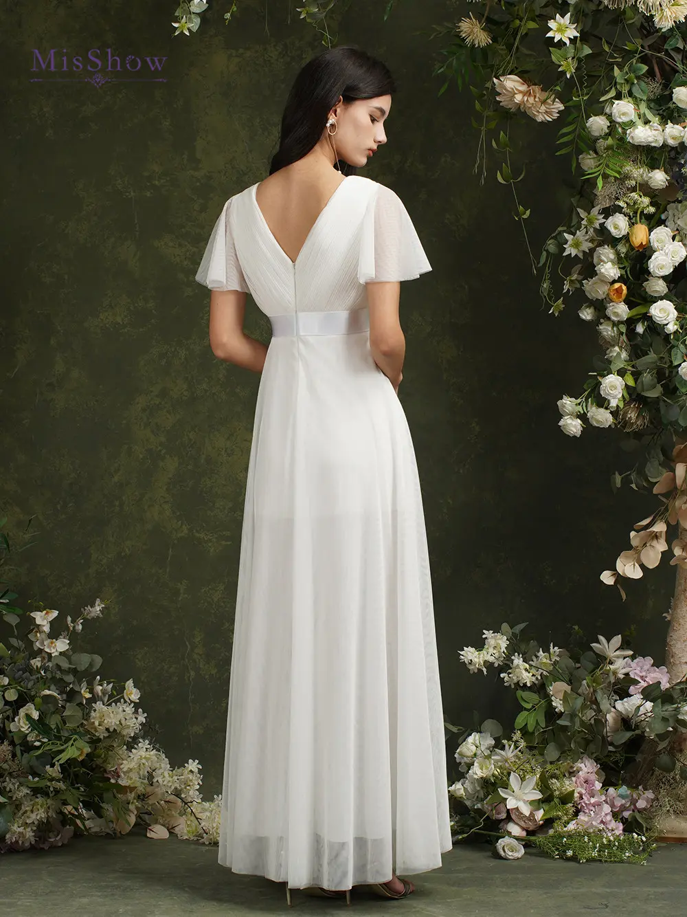 Simple Ivory Bridesmaid Dresses Women 2025 A-Line Puffer Short Sleeve V-Neck Pleat Tulle Open Back Wedding Party Gowns with Belt