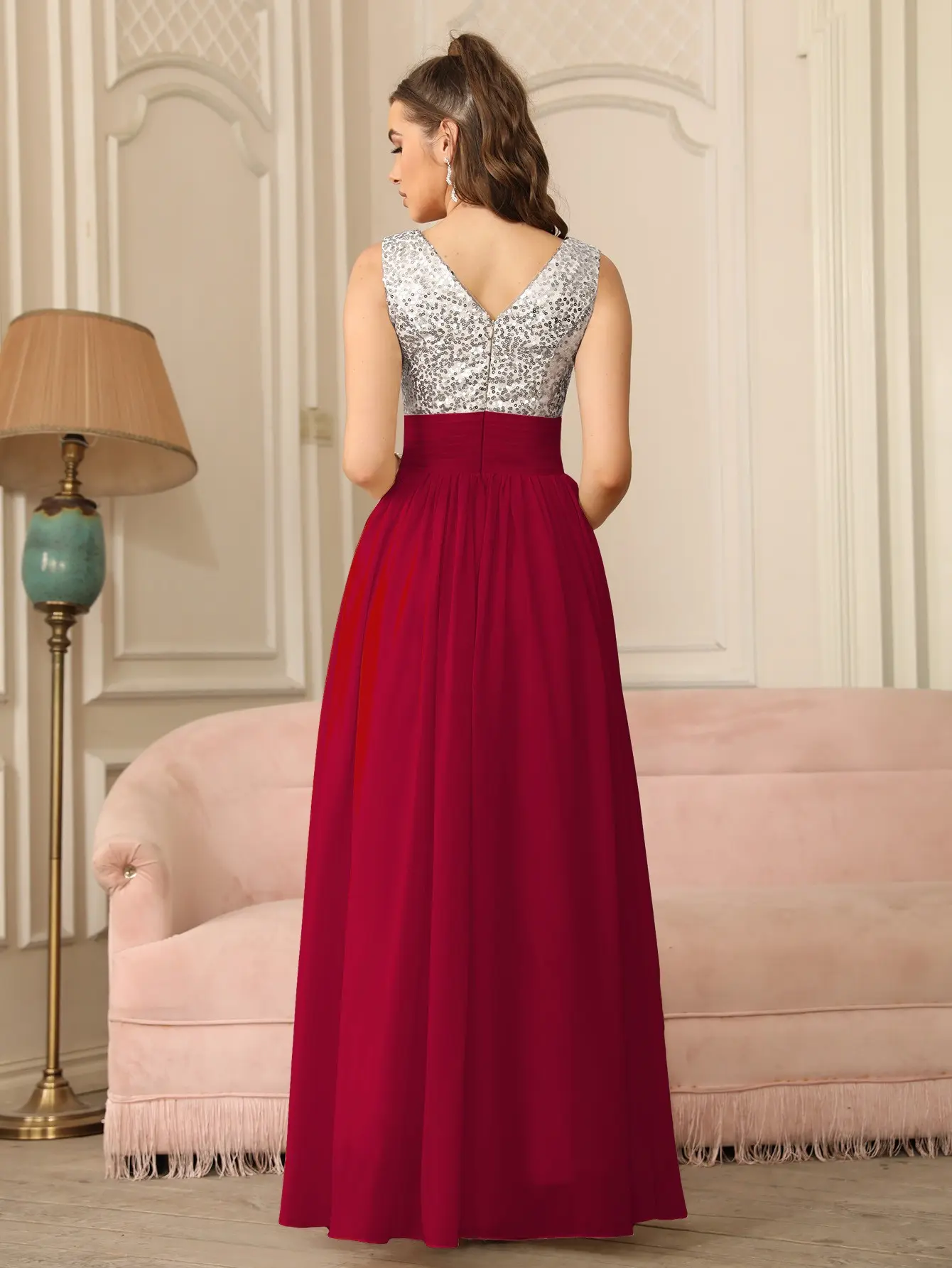 Sparkly Silver Sequins Chiffon Evening Dresses Burgundy A Line Pleat Backless Draped Formal Party Prom Gowns For Bride Vestidos