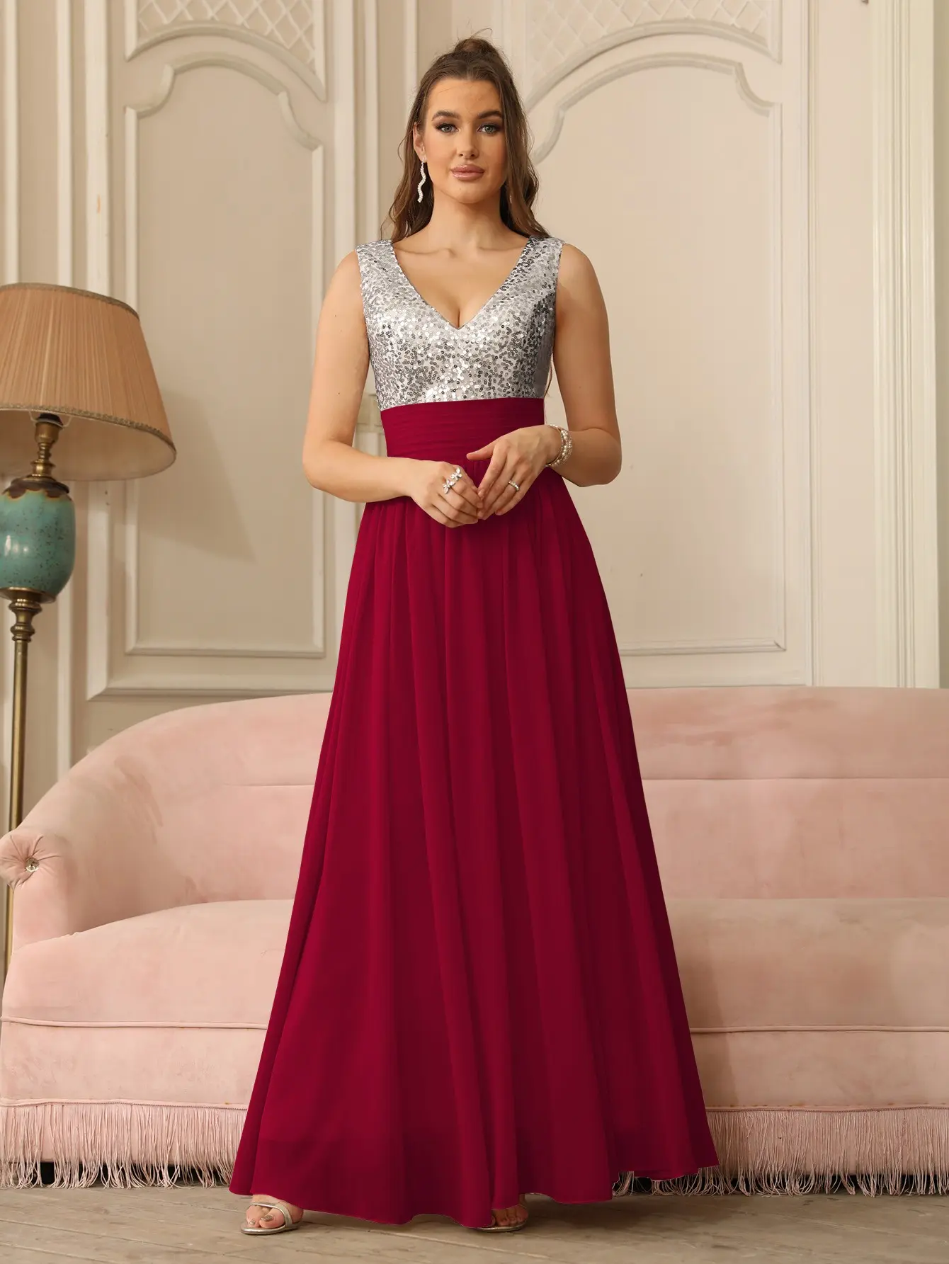 Sparkly Silver Sequins Chiffon Evening Dresses Burgundy A Line Pleat Backless Draped Formal Party Prom Gowns For Bride Vestidos