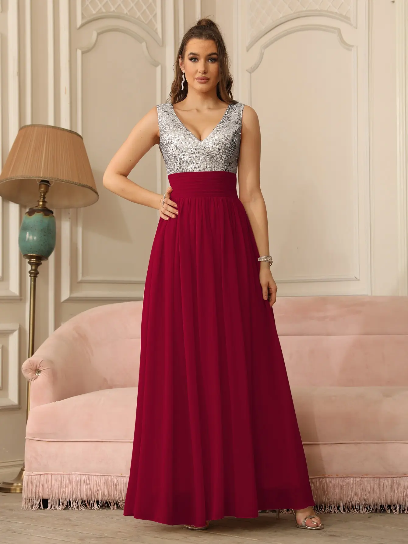Sparkly Silver Sequins Chiffon Evening Dresses Burgundy A Line Pleat Backless Draped Formal Party Prom Gowns For Bride Vestidos