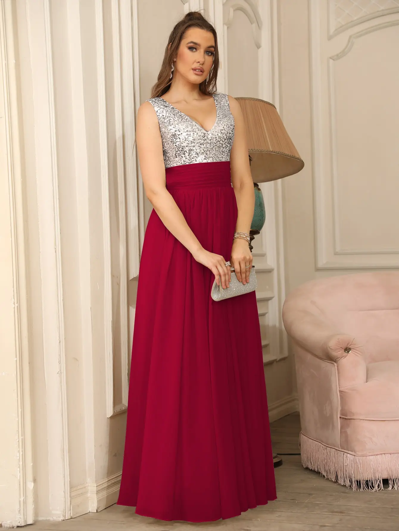 Sparkly Silver Sequins Chiffon Evening Dresses Burgundy A Line Pleat Backless Draped Formal Party Prom Gowns For Bride Vestidos