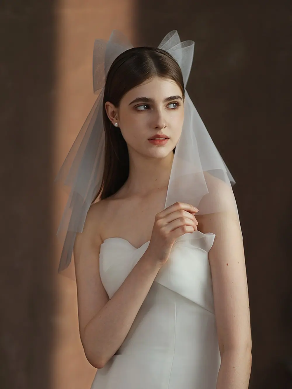 Ivory Bow Bridal Veil Luxury Pearls Bowknot Multi-Iayer Elastic Mesh Veil Semi-Transparent Tulle Shoulder Length Bride Veils