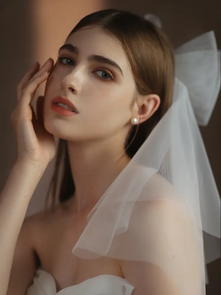 Ivory Bow Bridal Veil Luxury Pearls Bowknot Multi-Iayer Elastic Mesh Veil Semi-Transparent Tulle Shoulder Length Bride Veils
