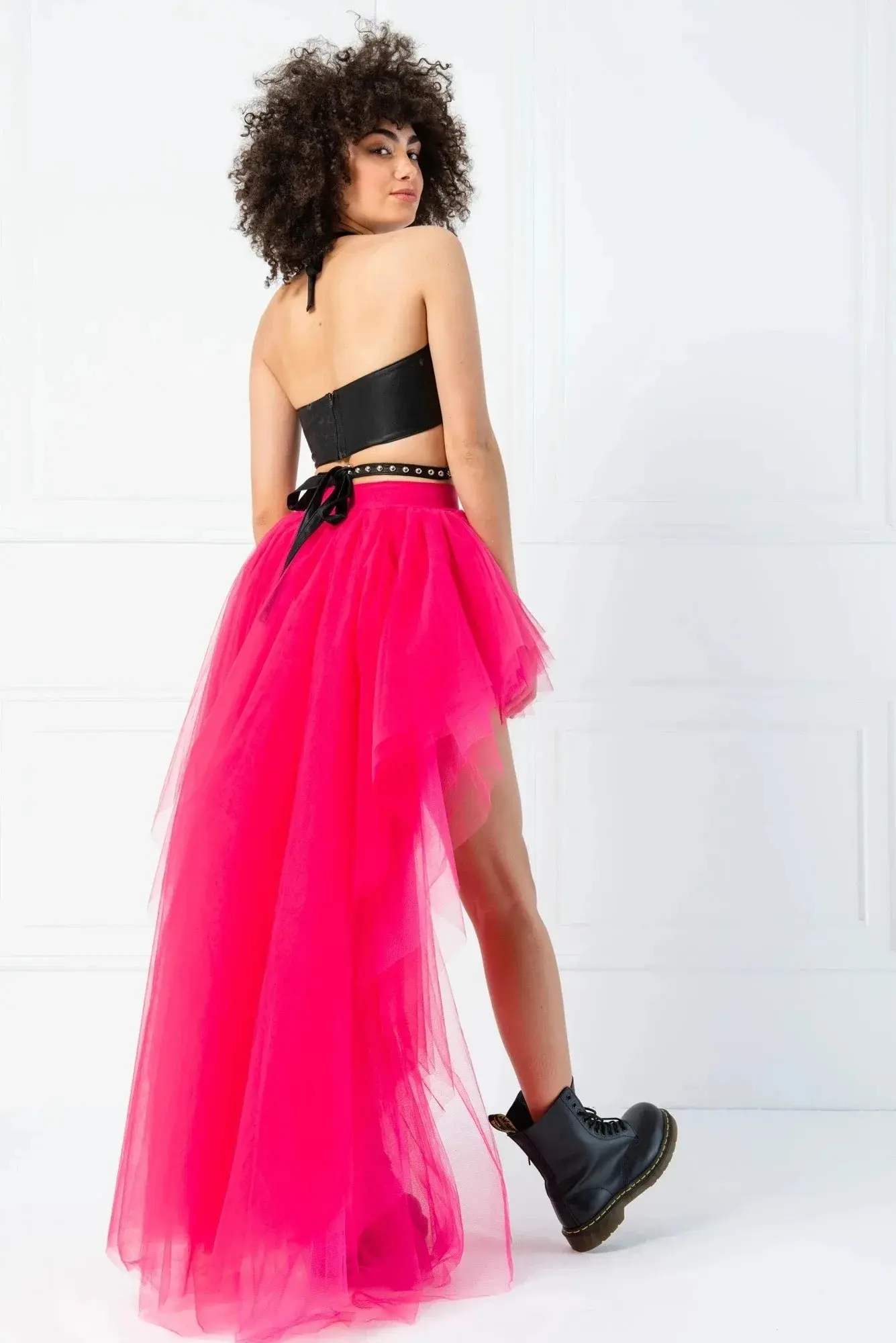 MisShow Halloween Tutu Skirts High-Low Layered Puffy Tulle Petticoat Fuchsia Elastic Waist Rockabilly Carnival Party Half Skirts