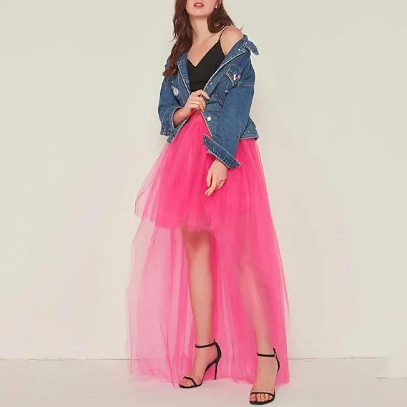 MisShow Halloween Tutu Skirts High-Low Layered Puffy Tulle Petticoat Fuchsia Elastic Waist Rockabilly Carnival Party Half Skirts