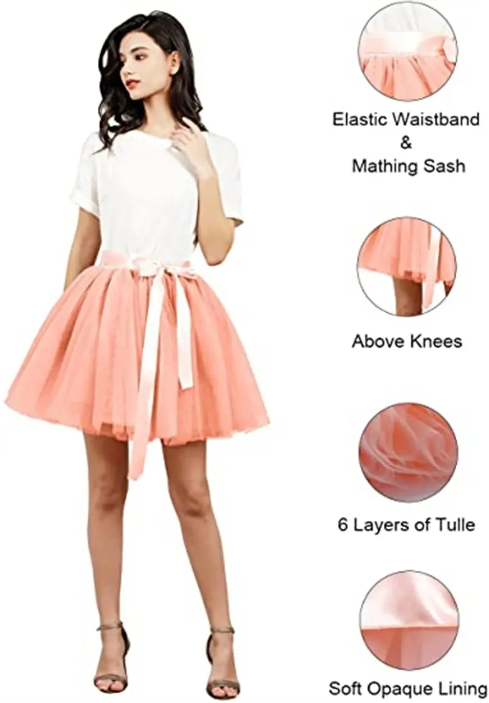 MisShow Multi-Layer Tulle Tutu Skirts Opaque Lining with Satin Sashes Elastic Waist Half Skirt Knee-length Halloween Ball Gowns