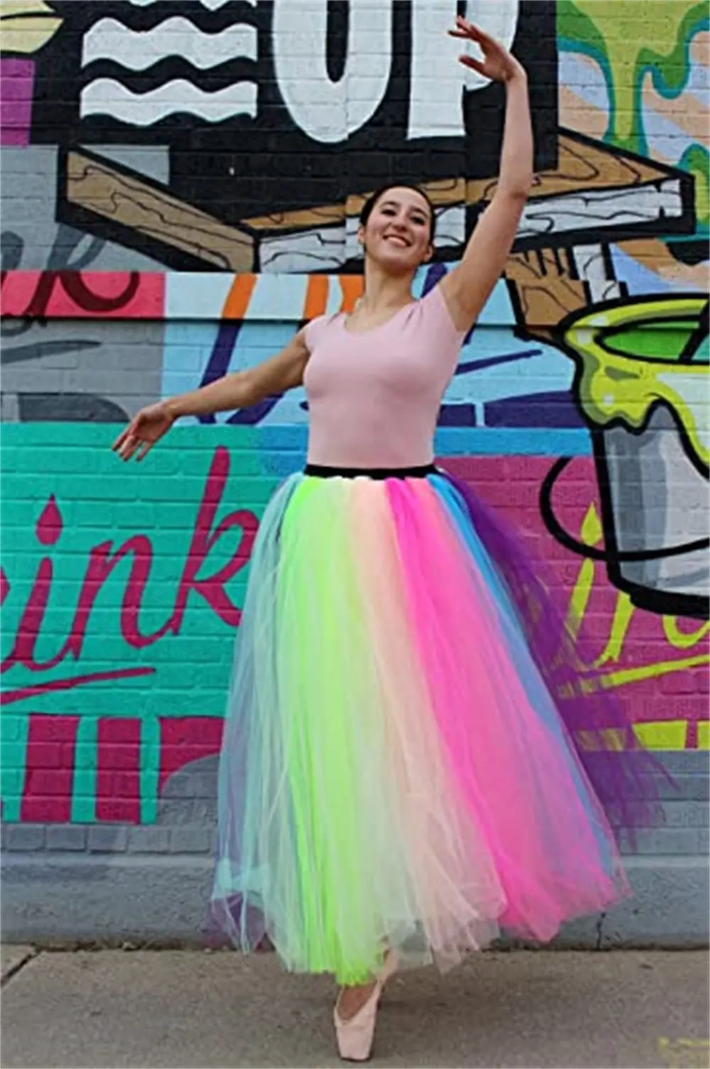 MisShow Lolita Rainbow Petticoat Long Multicolor Fluffy Tulle Elastic Waist Tutu Skirt Hoopless Ball Gown Ballet Dance Crinoline