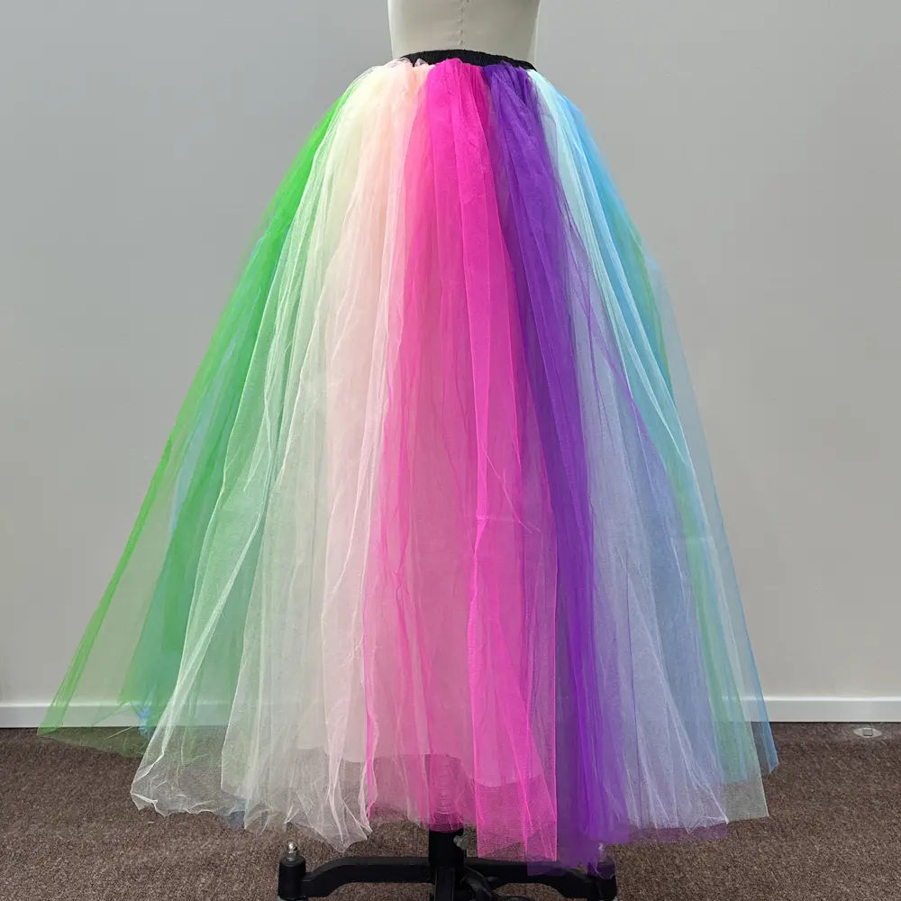 MisShow Lolita Rainbow Petticoat Long Multicolor Fluffy Tulle Elastic Waist Tutu Skirt Hoopless Ball Gown Ballet Dance Crinoline