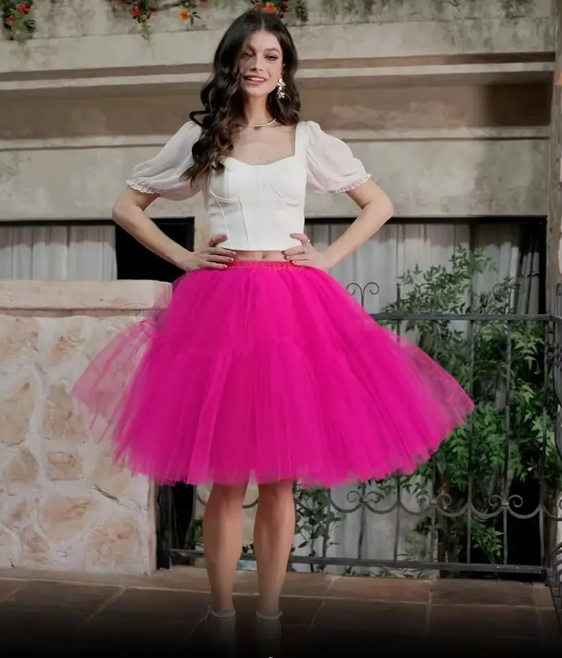 MisShow 6 Layered Tulle Tutu Skirts Petticoat Elastic Waist Knee Length Pleated Skirt Halloween Rockabilly Party Midi Half Slips
