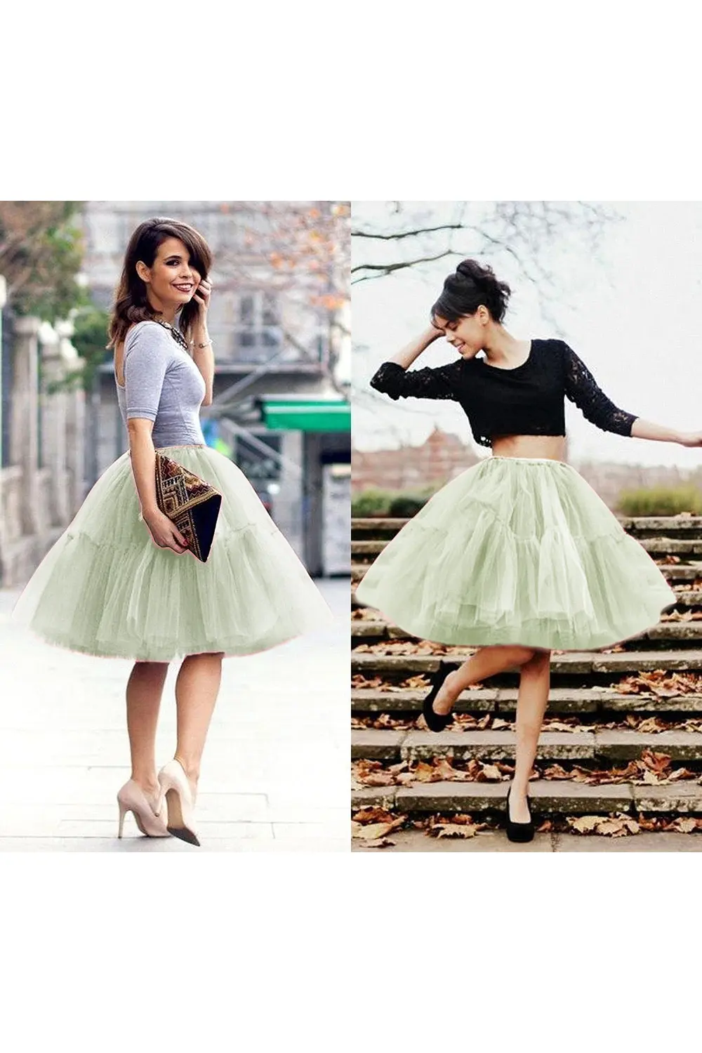 MisShow 6 Layer Tulle Tutu Skirts Fluffy Mesh Elastic Waist Petticoat Knee-Length Pleated Skirt Halloween Ball Gowns Underskirts