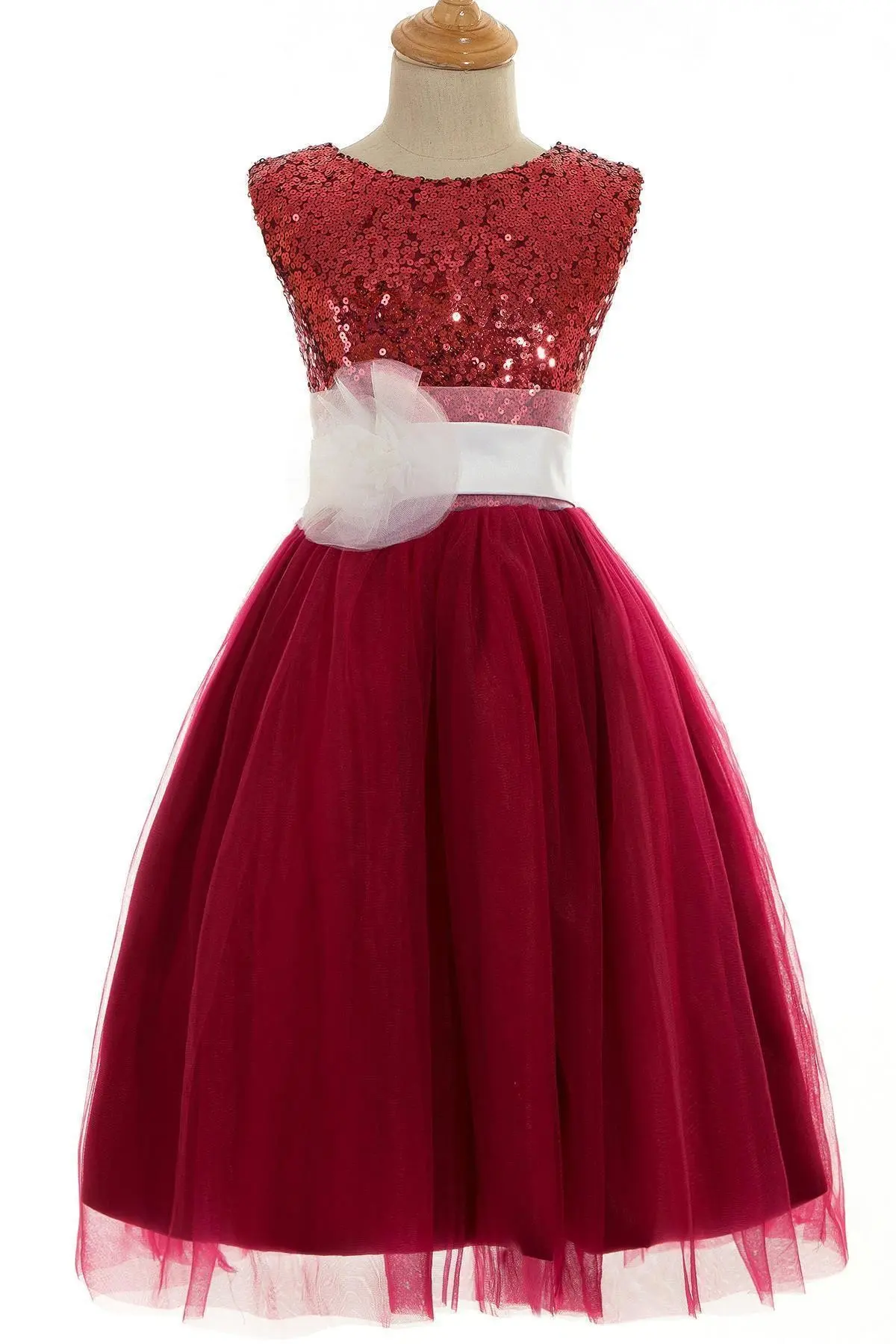 Burgundy Tulle Sequin Flower Girl Dresses Cute With White Flower Satin Sashes Wedding Party Ball Gown Toddler Birthday For Bride