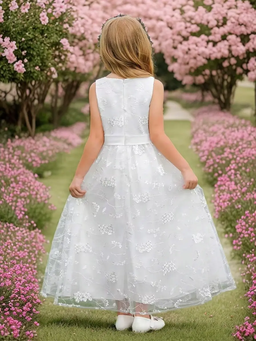 Princess Flower Girl Dress Floral Lace Embroidery O-Neck Sleeveless Long Dresses A-Line Ankle-Length Communion Party Gowns 2-13Y