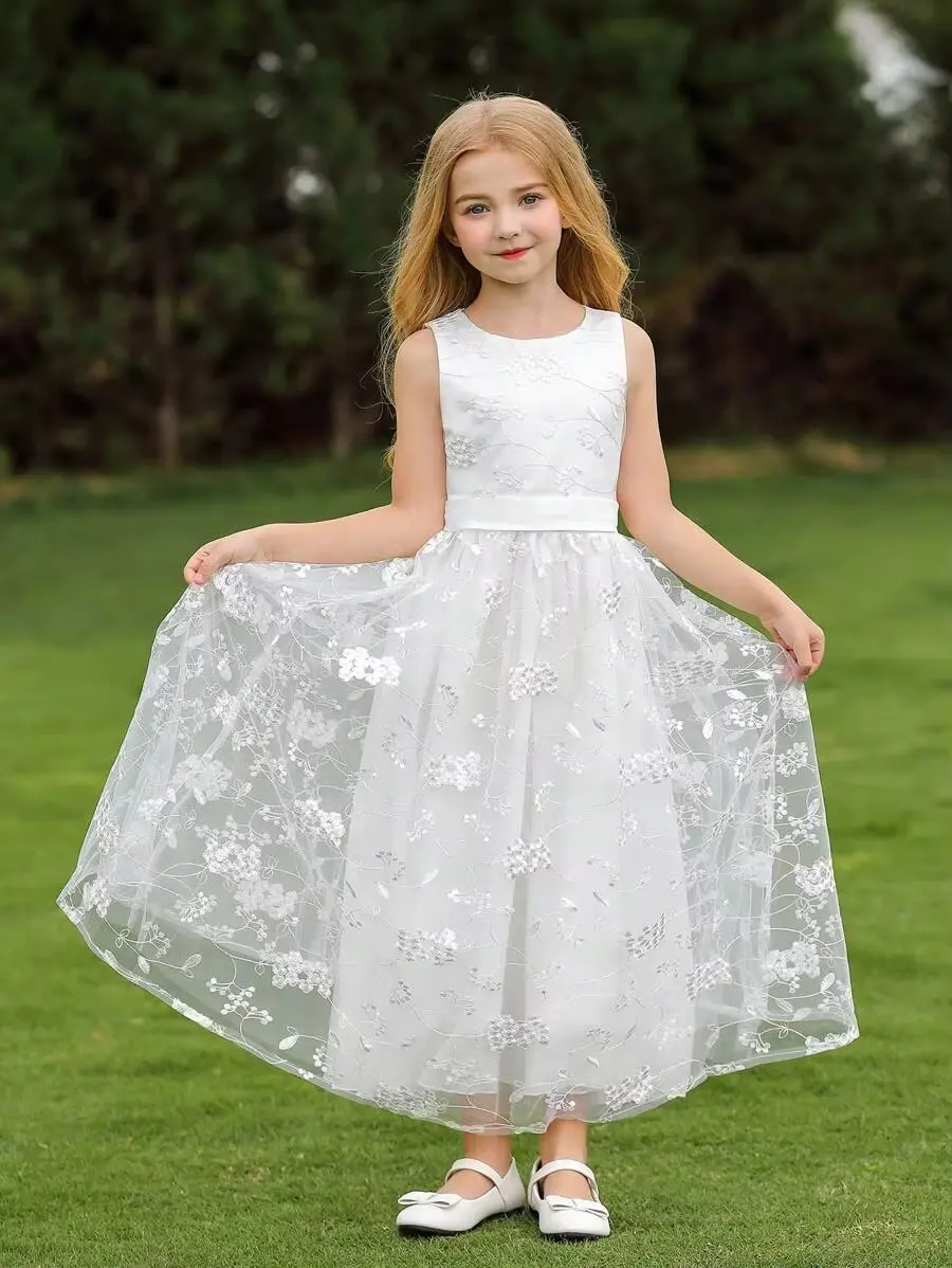 Princess Flower Girl Dress Floral Lace Embroidery O-Neck Sleeveless Long Dresses A-Line Ankle-Length Communion Party Gowns 2-13Y