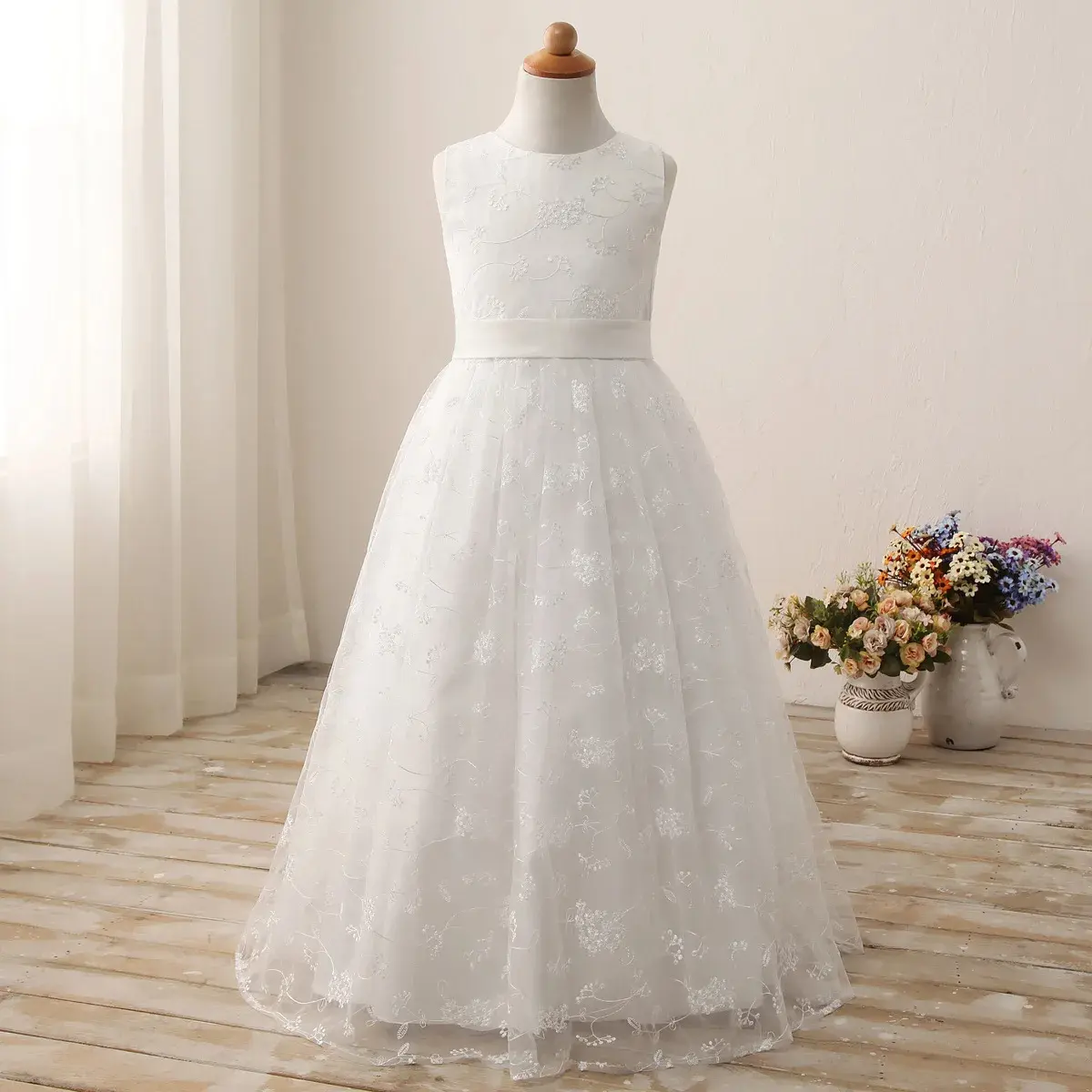 Princess Flower Girl Dress Floral Lace Embroidery O-Neck Sleeveless Long Dresses A-Line Ankle-Length Communion Party Gowns 2-13Y