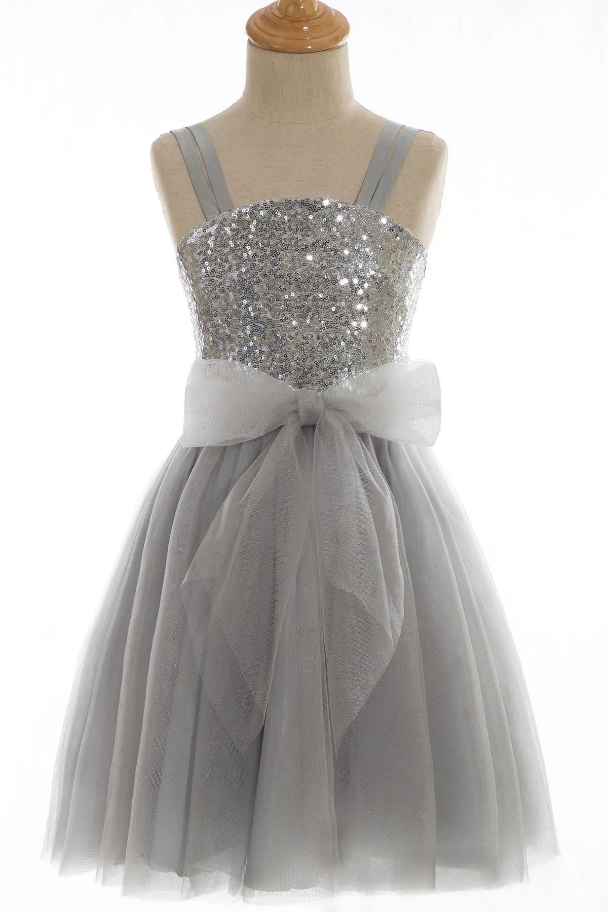 Tulle Sequins Flower Girl Dresses Cute Grey Spaghetti Straps With Bow Wedding Party Ball Gowns Toddler Birthday Prom For Bride
