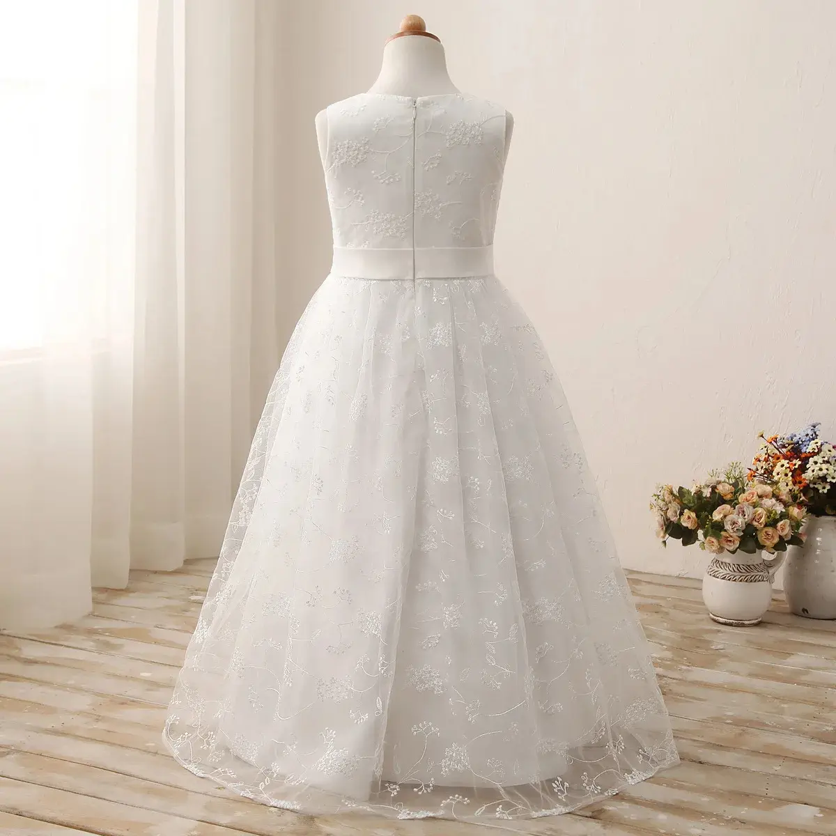 Princess Flower Girl Dress Floral Lace Embroidery O-Neck Sleeveless Long Dresses A-Line Ankle-Length Communion Party Gowns 2-13Y