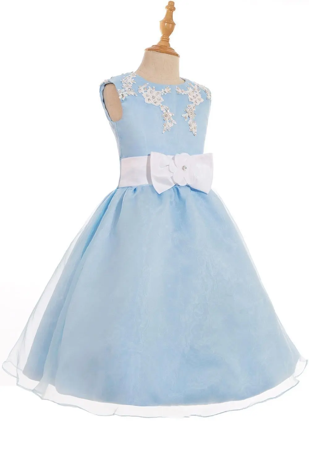 Baby Blue Tulle Lace Flower Girl Dress Cute Satin Bow Sequin Beaded Appliques Wedding Party Ball Gown Toddler Birthday For Bride