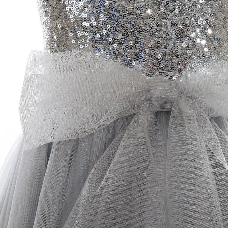 Tulle Sequins Flower Girl Dresses Cute Grey Spaghetti Straps With Bow Wedding Party Ball Gowns Toddler Birthday Prom For Bride