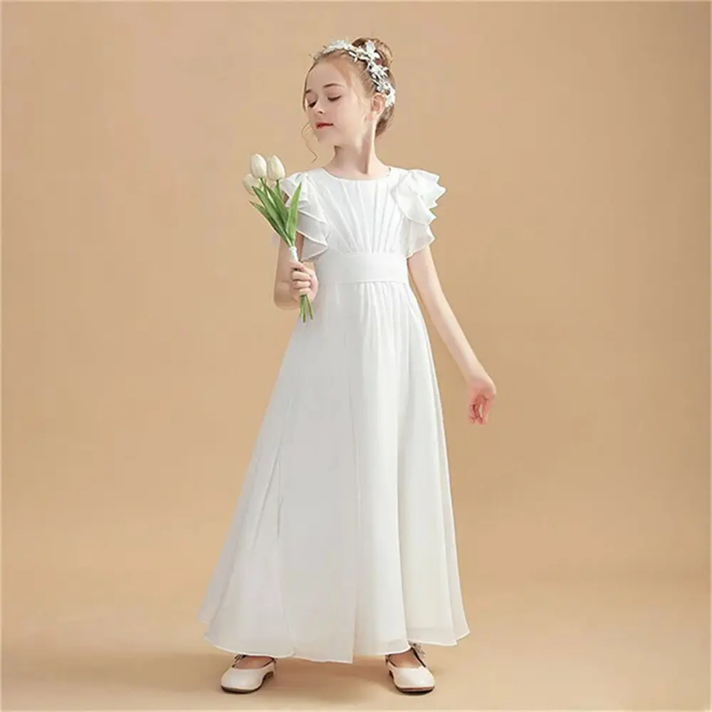 MisShow 2-13 Years Flower Girl Dresses A-Line O-Neck Ruffles Sleeves Junior Bridesmaid Dress Ruched Chiffon Sashes Formal Gowns