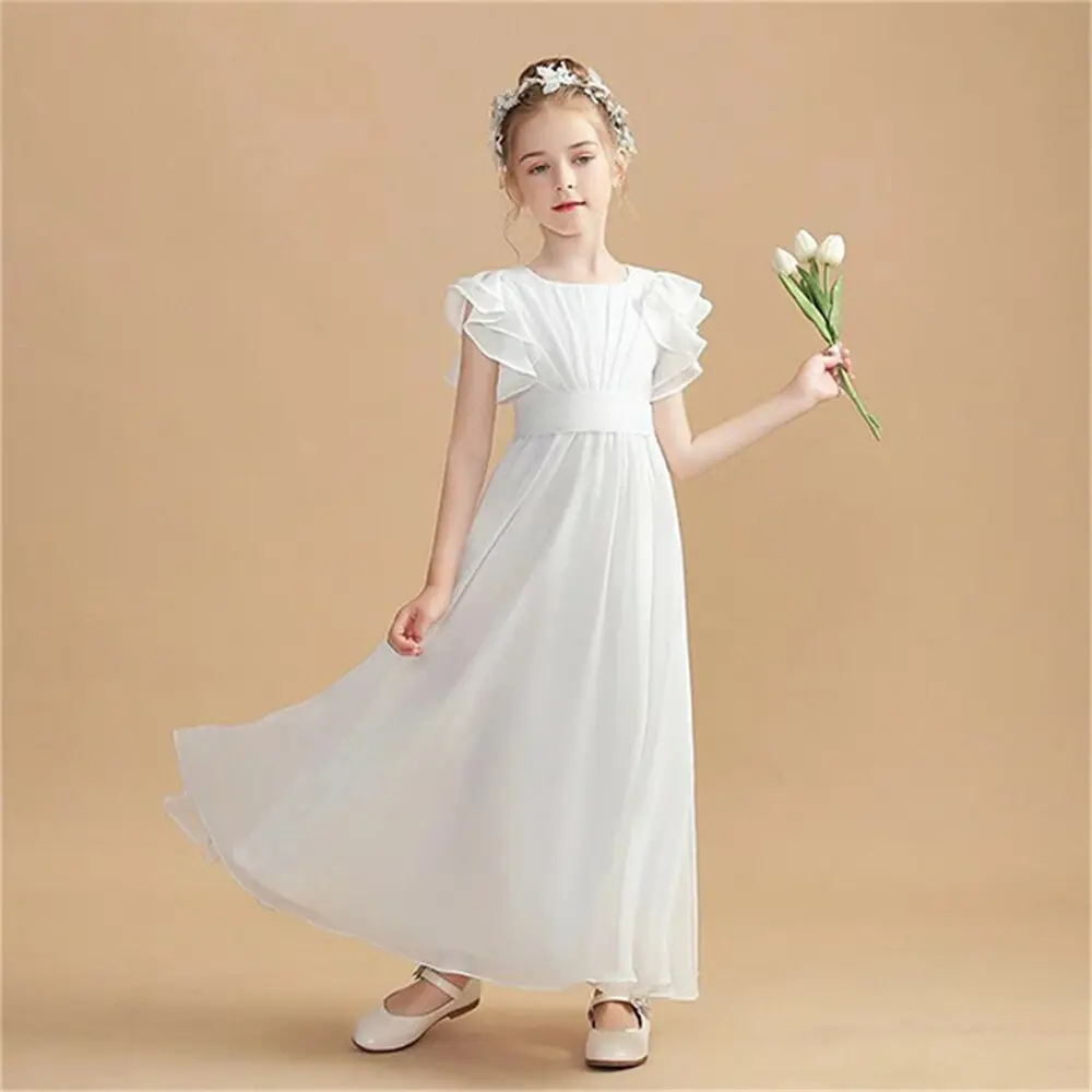 MisShow 2-13 Years Flower Girl Dresses A-Line O-Neck Ruffles Sleeves Junior Bridesmaid Dress Ruched Chiffon Sashes Formal Gowns