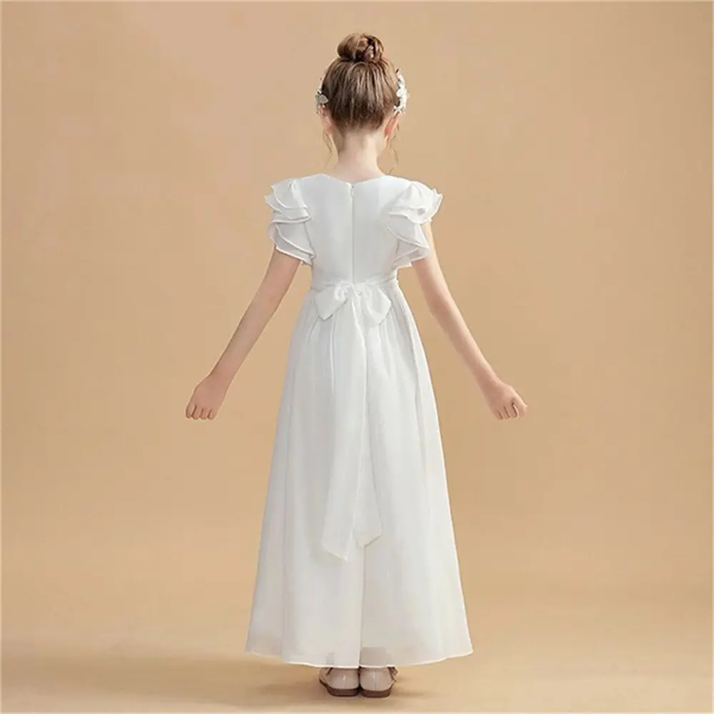 MisShow 2-13 Years Flower Girl Dresses A-Line O-Neck Ruffles Sleeves Junior Bridesmaid Dress Ruched Chiffon Sashes Formal Gowns