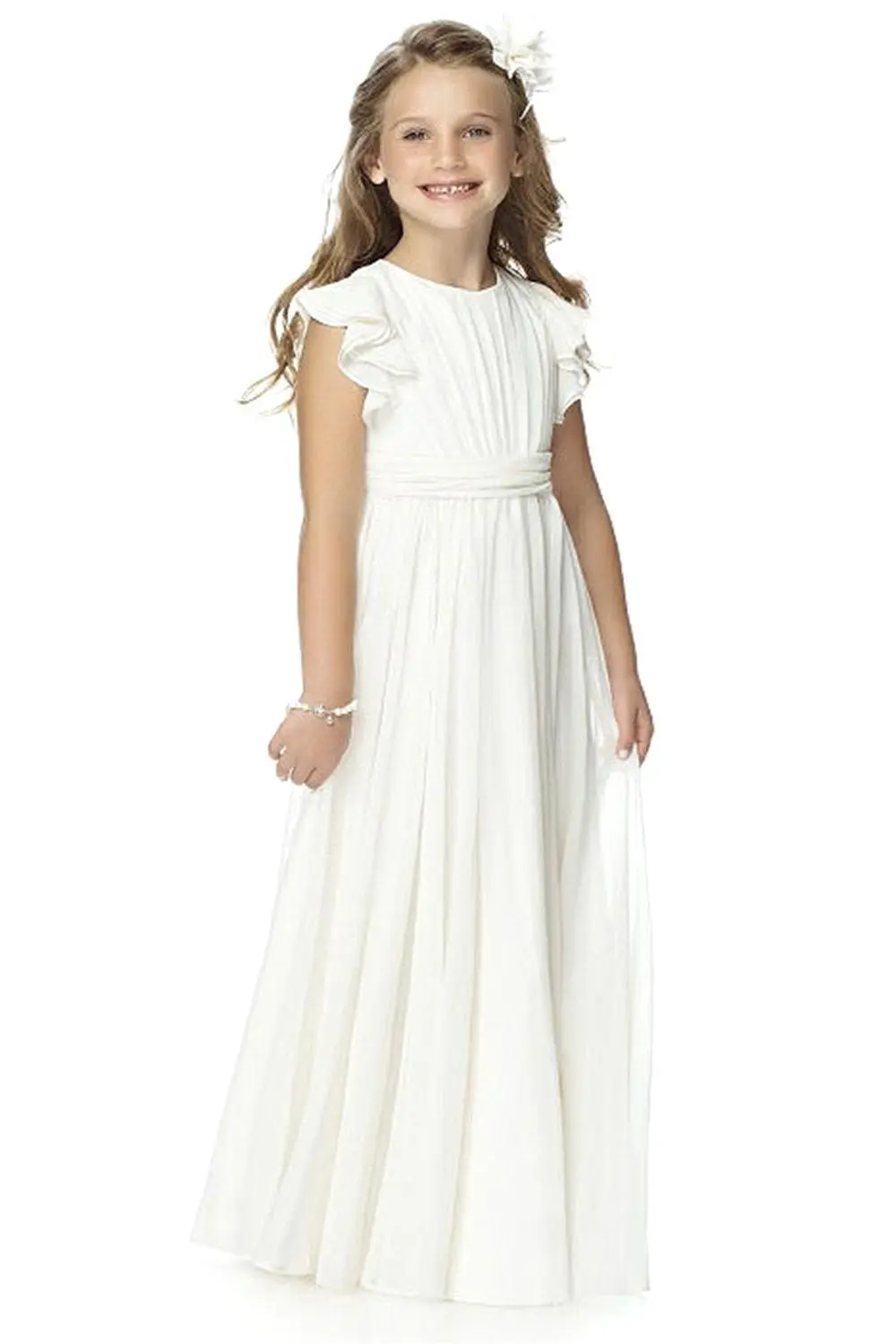 MisShow 2-13 Years Flower Girl Dresses A-Line O-Neck Ruffles Sleeves Junior Bridesmaid Dress Ruched Chiffon Sashes Formal Gowns