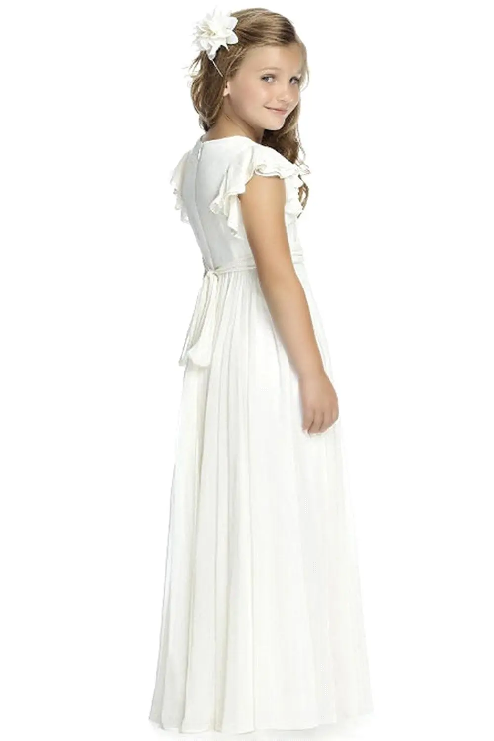 MisShow 2-13 Years Flower Girl Dresses A-Line O-Neck Ruffles Sleeves Junior Bridesmaid Dress Ruched Chiffon Sashes Formal Gowns