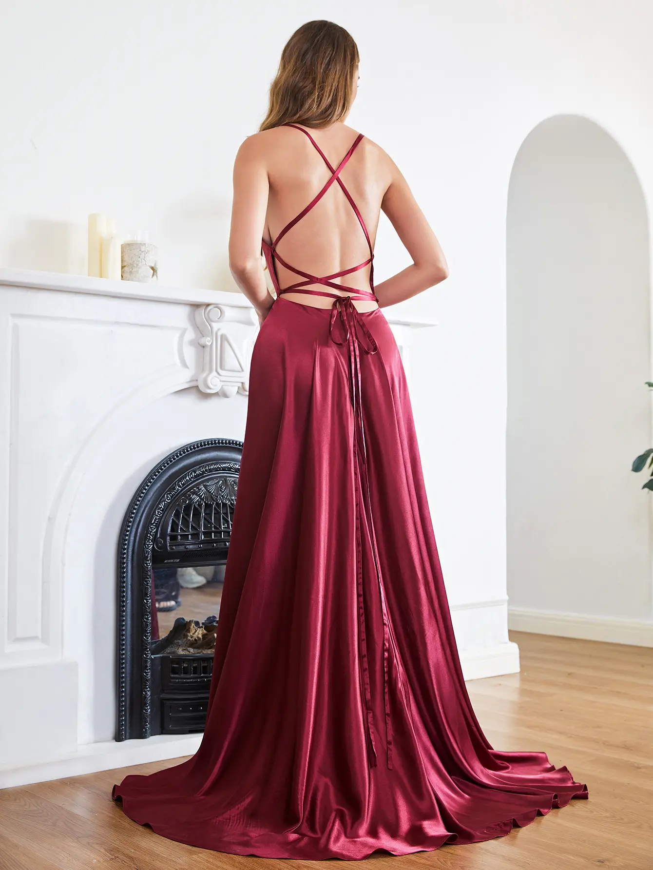 MisShow Sling Evening Dress Spaghetti Straps Sleeveless Lace-up Backless Prom Dresses Satin A-Line High Split Maxi Party Gowns