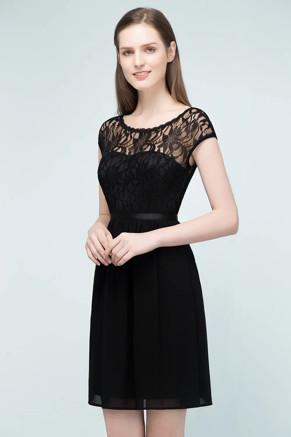 Lace Chiffon Evening Dresses Above Knee With Sashes Mini Wedding Summer Casual Formal Evening Party Prom Gowns Robe De Cocktail