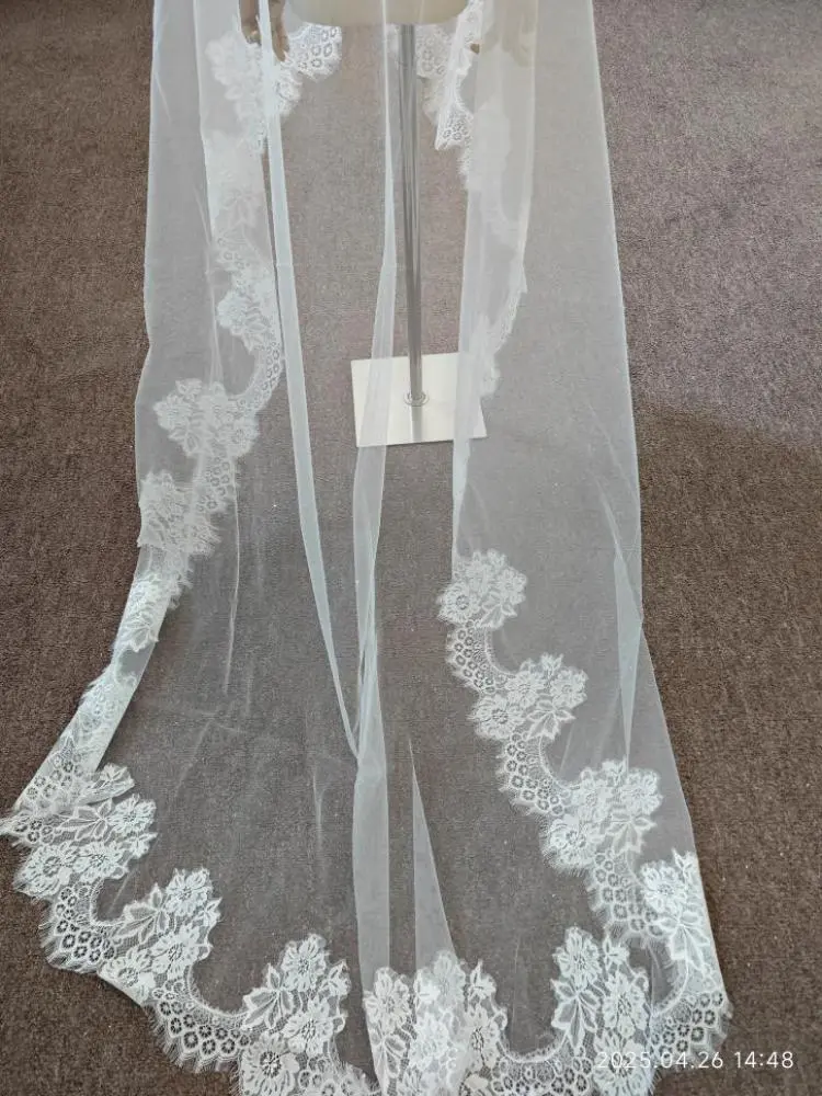 MisShow 2/4M Long Bridal Veils Floral Lace Appliques Edge White Ivory Sheer Tulle Veil Single Layer Wedding Dress Fingertip Veil