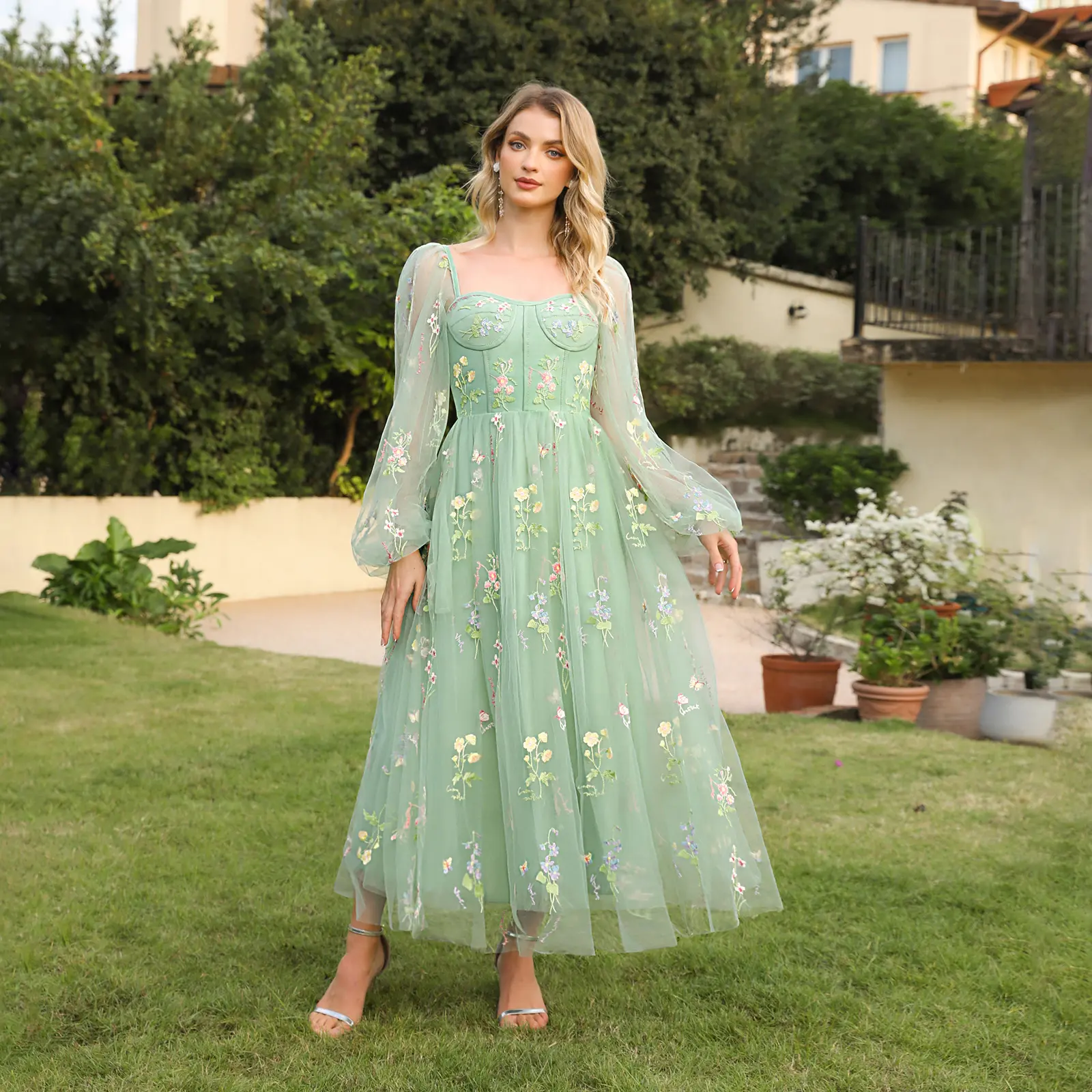 MisShow Puff Sleeves Evening Dress Green Floral Tulle Long Sleeve Square Neck Prom Dress Lace-up Backless A-Line Formal Vestidos