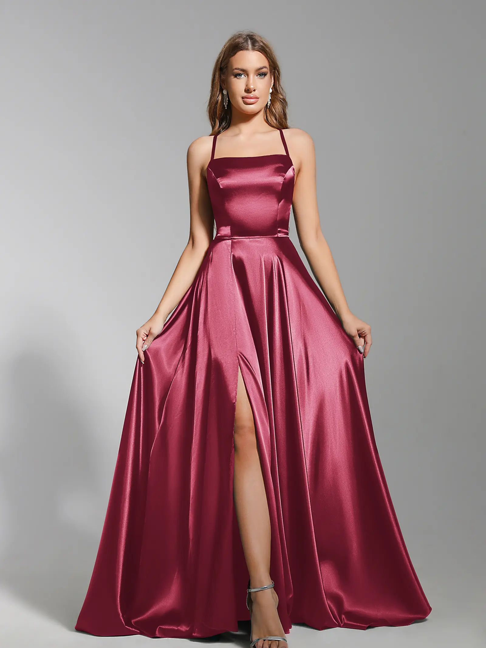 MisShow Sling Evening Dress Spaghetti Straps Sleeveless Lace-up Backless Prom Dresses Satin A-Line High Split Maxi Party Gowns