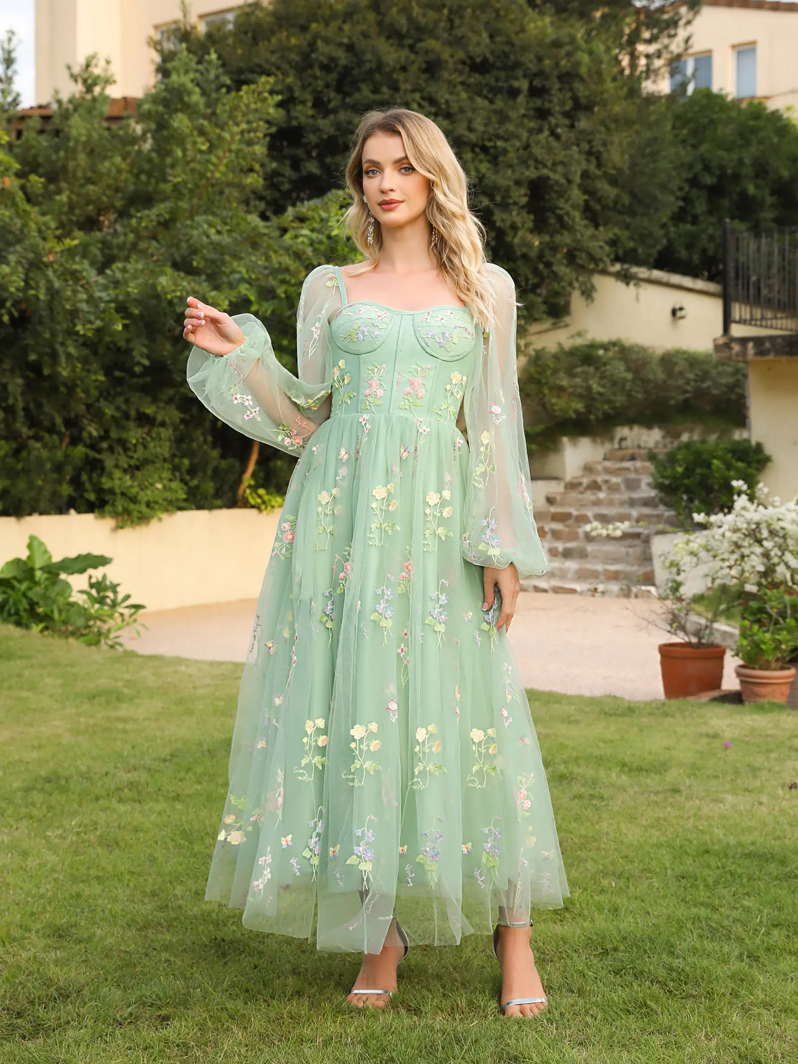 MisShow Puff Sleeves Evening Dress Green Floral Tulle Long Sleeve Square Neck Prom Dress Lace-up Backless A-Line Formal Vestidos