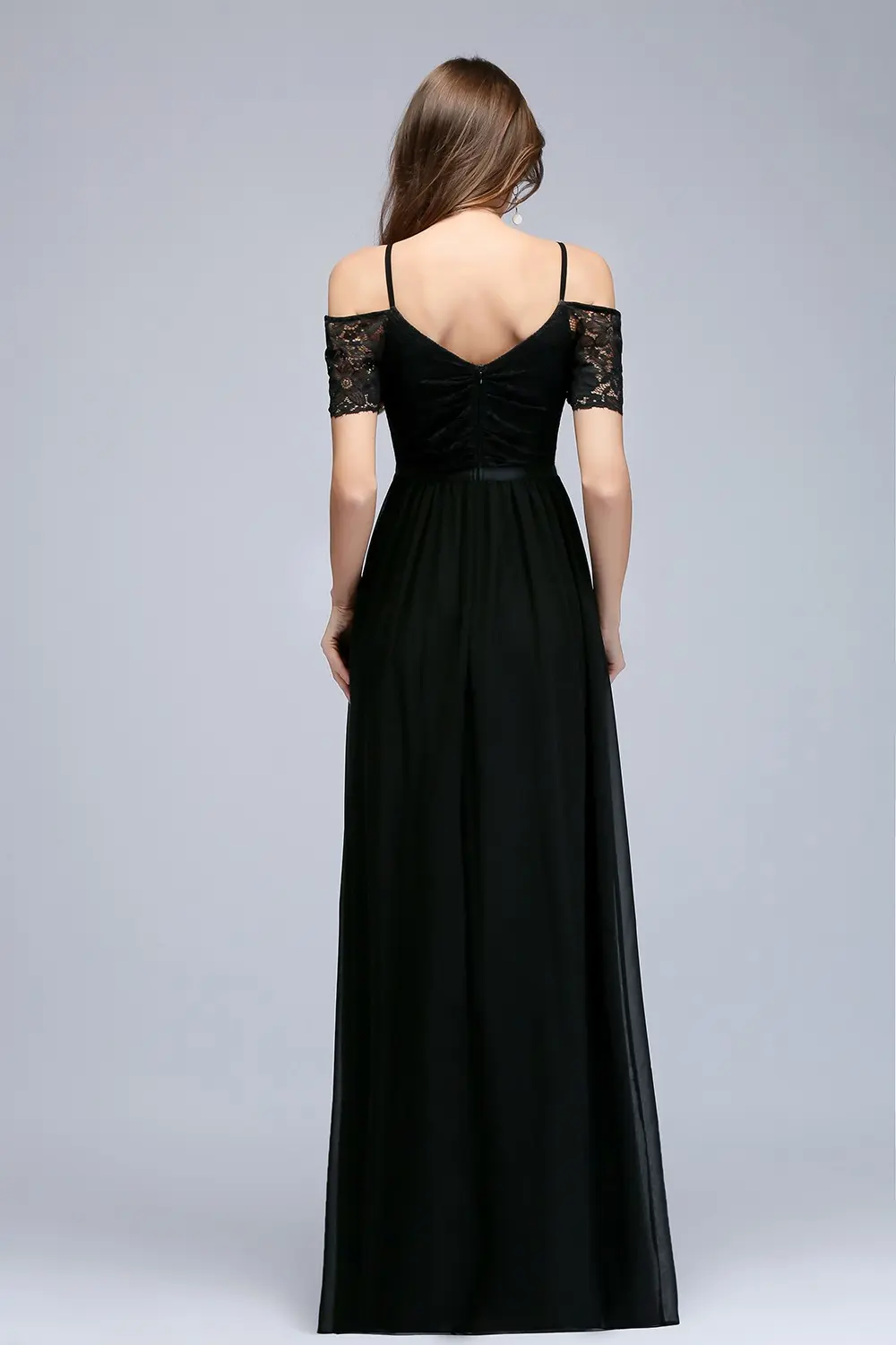 Black Chiffon Lace Evening Dresses Off Shoulder Elegant V Neck Pleat Formal Wedding Party Prom Gowns For Bride Vestido De Fiesta